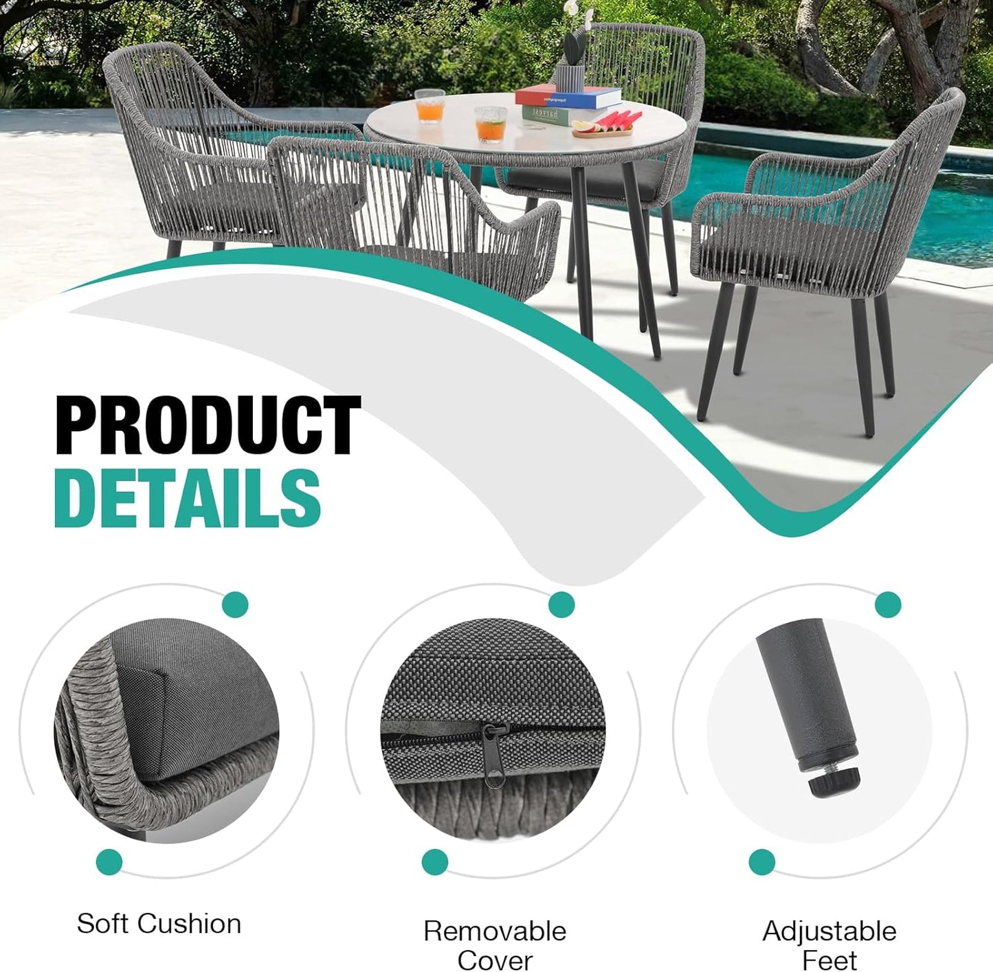 Patiorama Outdoor Dining Chairs, Patio Dining Chair Set of 4, All-Weather Woven Rope Rattan Chairs, Outdoor Dining Wicker Chairs with Armrests for Indoor Balcony Pool Backyard(Gray)