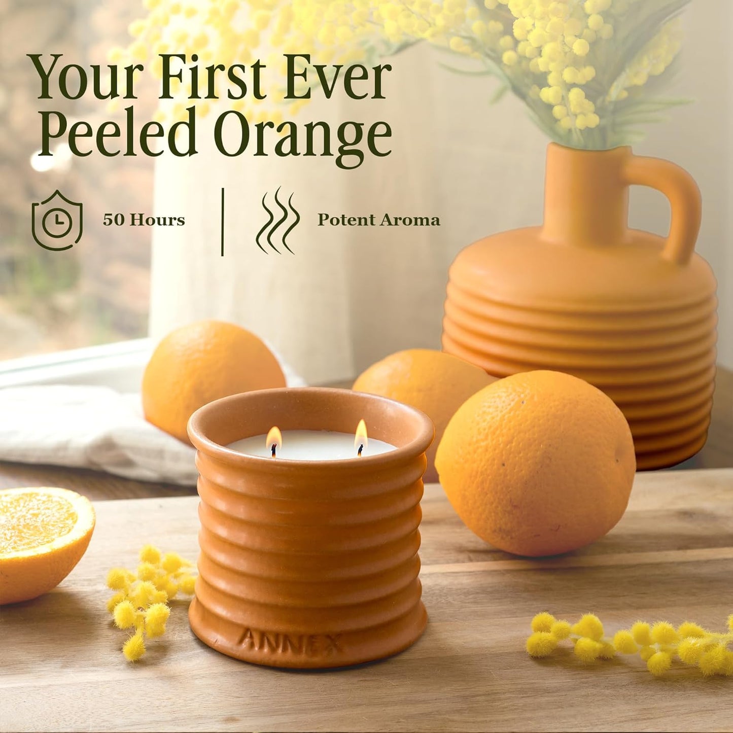 Scented Luxury Candles in Handmade Ceramic Jars, Soy Wax | Orange Blossom – Orange & Mimosa, Large Candle | Non Toxic, 2 Wicks, Reusable Big Orange Jar | Natural Spring Aromatherapy for Women & Men