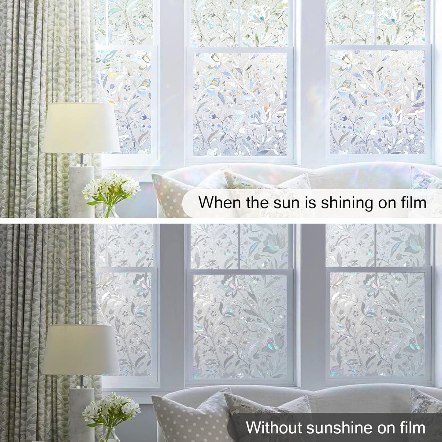 DOWELL Window Privacy Film, 3D Stained Glass Rainbow Films, Decorative Window Vinyl Sun Blocker Door Covering, Static Cling Non-Adhesive Glass Sticker for Home, Blooming Flowers, 35.4"x78.5"