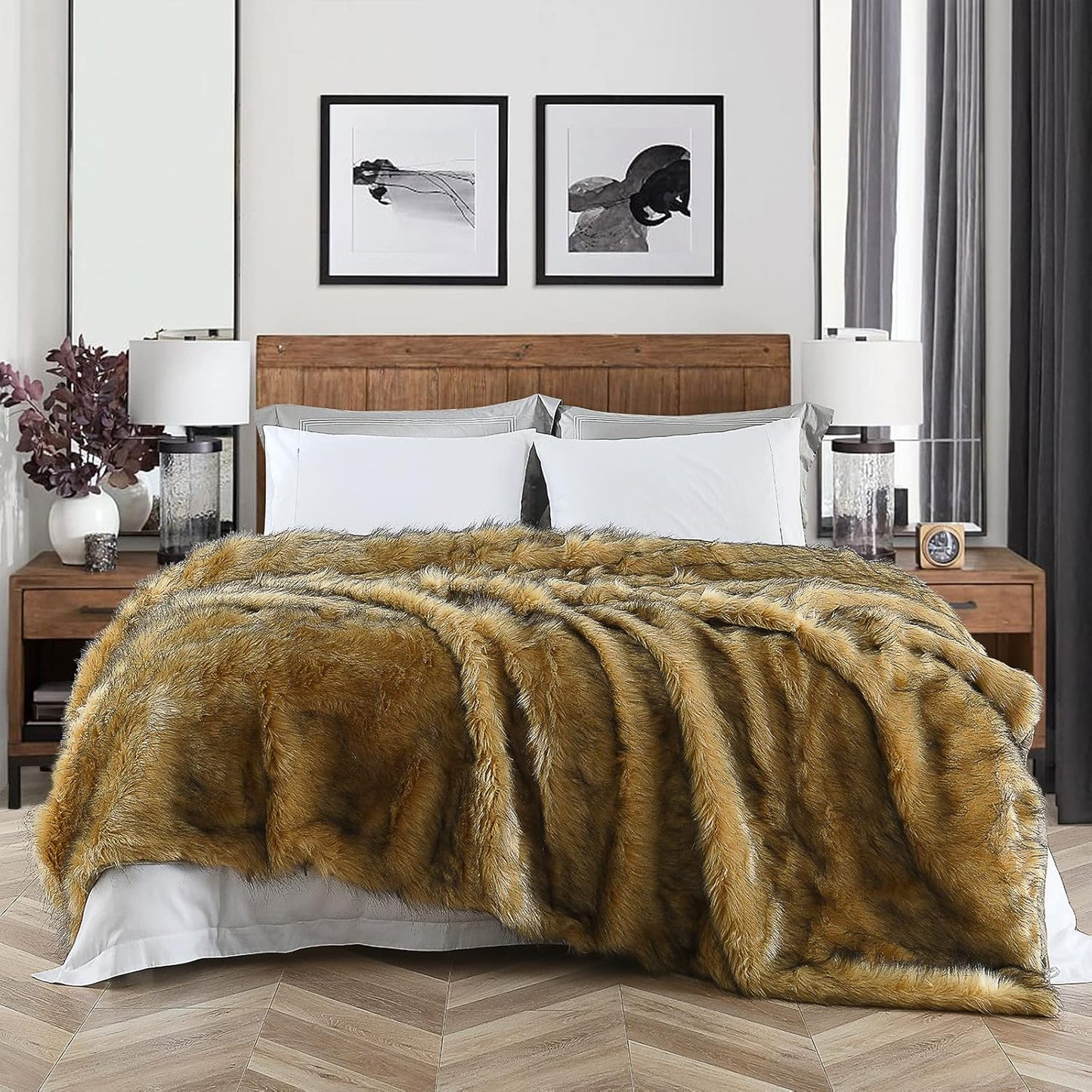 Luxury Plush Faux Fur Blanket King Size, Long Pile Golden Yellow with Black Tips Throw, Oversized Super Warm, Fuzzy, Elegant, Fluffy Shaggy Throw Blanket for Sofa, Armchair, Couch and Bed, 104"x90"