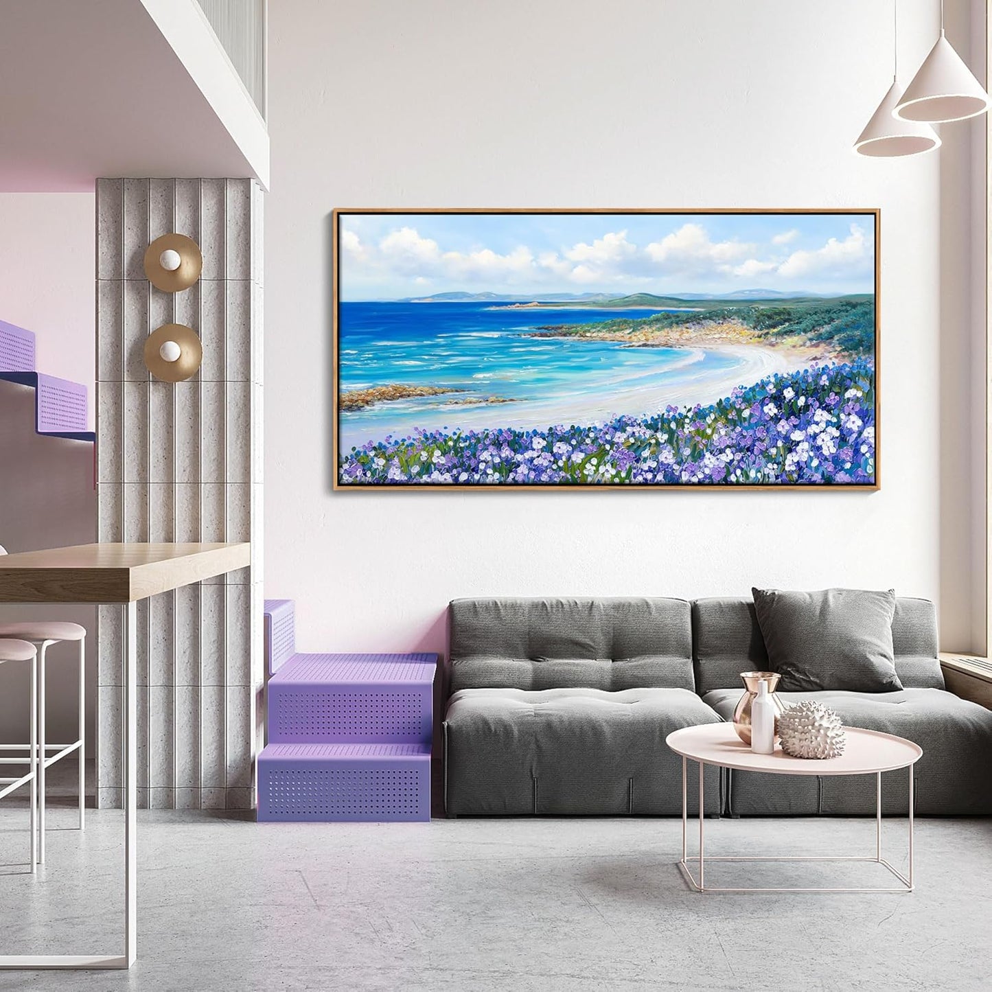 Mofutinpo Coastal Beach Wall Art,Large Purple Flower Landscape Canvas Wall Art for Living Room & Bedroom Decor, Framed Blue Beach Pictures & Paintings for Walls,Ocean Artwork for Home & Office 24x48IN