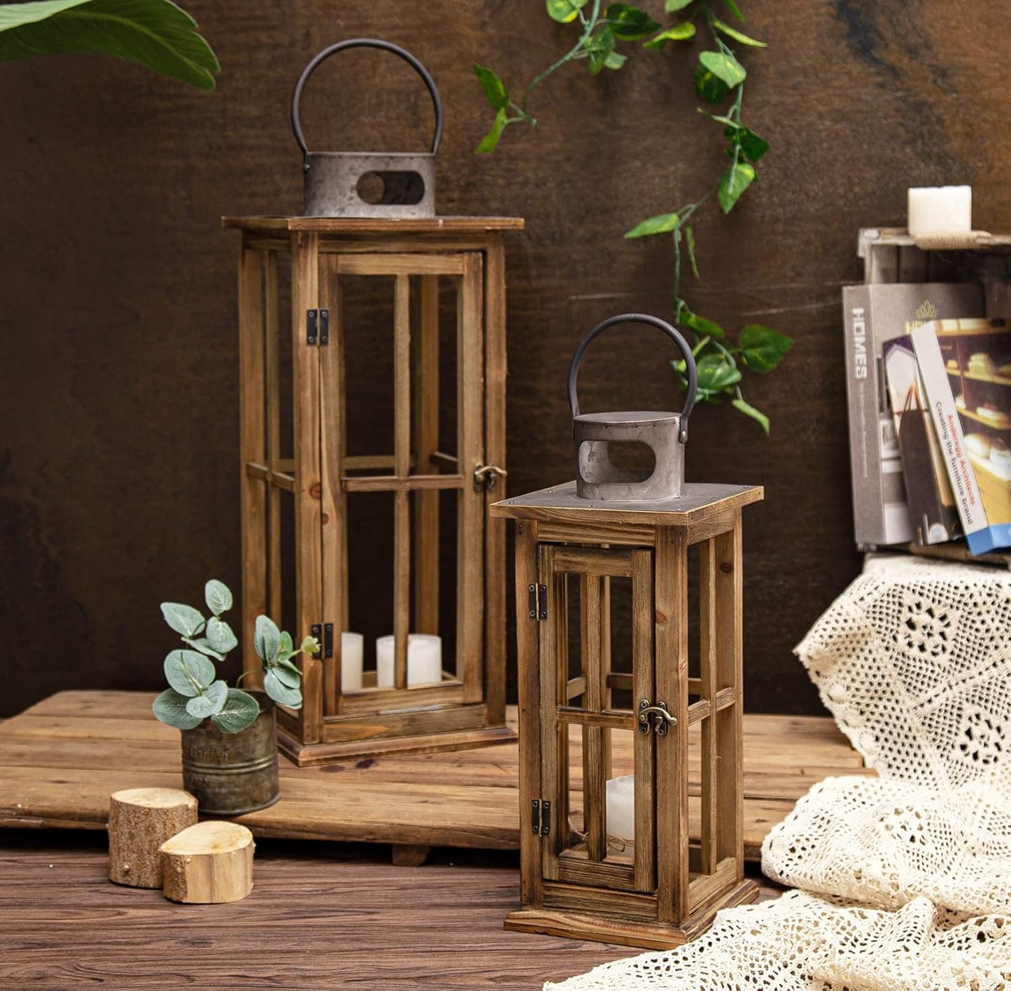 TIMRIS Large Farmhouse Wooden Metal Lantern Set of 2, Rustic Decorative Floor Candle Lanterns, Vintage Distressed Hanging Lanterns for Home Décor (No Glass)