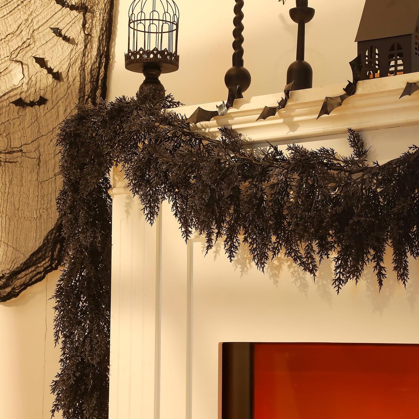 Dingion Black Artificial Cedar Garland - 9 ft Halloween Faux Cedar Pine Hanging Party Decoration Halloween Realistic Garland for Home, Mantle & Fireplace