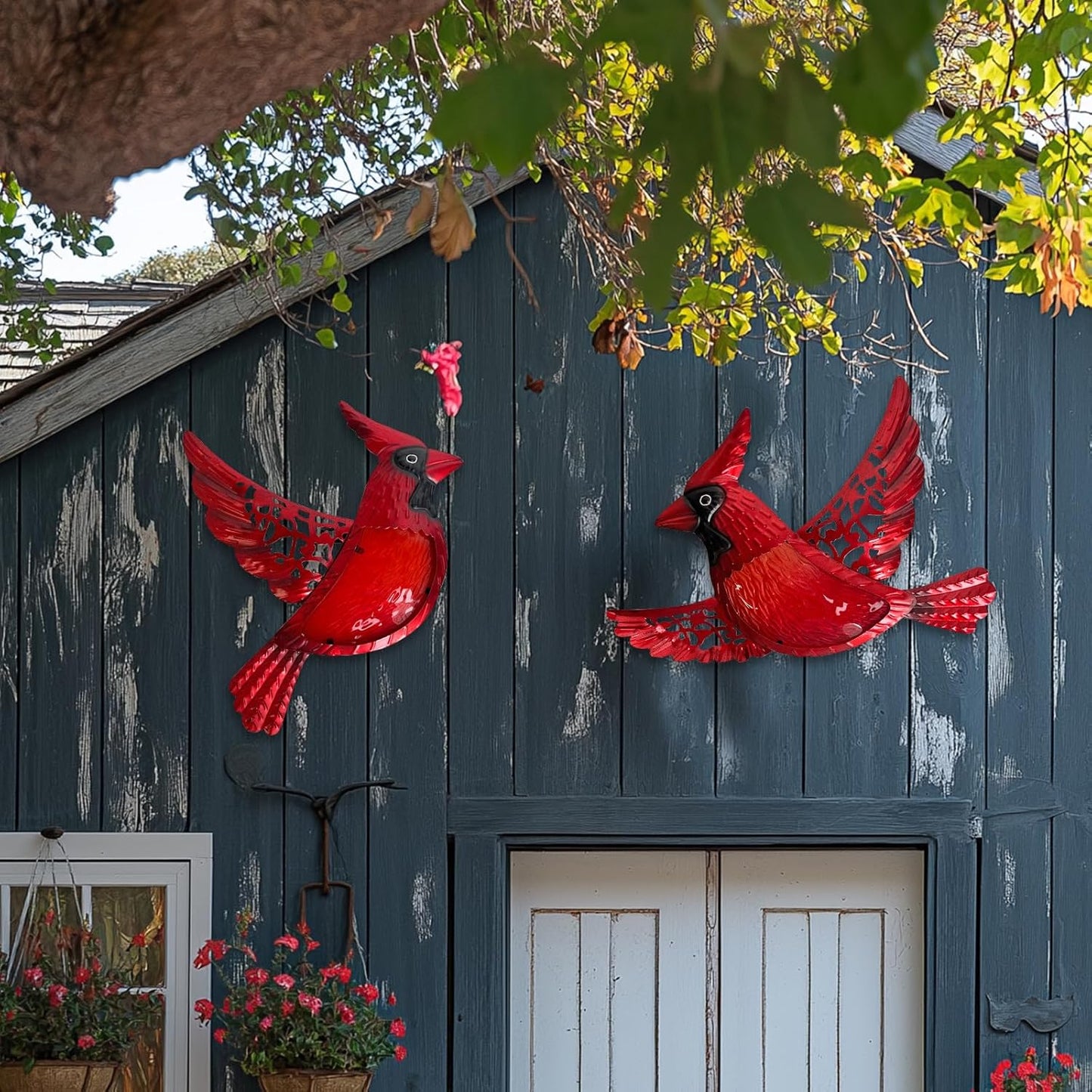 HONGLAND Metal Cardinal Wall Art 12inch Metal Birds Wall Sculpture Garden Decoration Outdoor Statue Patio Fence Hanging Plaques 2 Pack