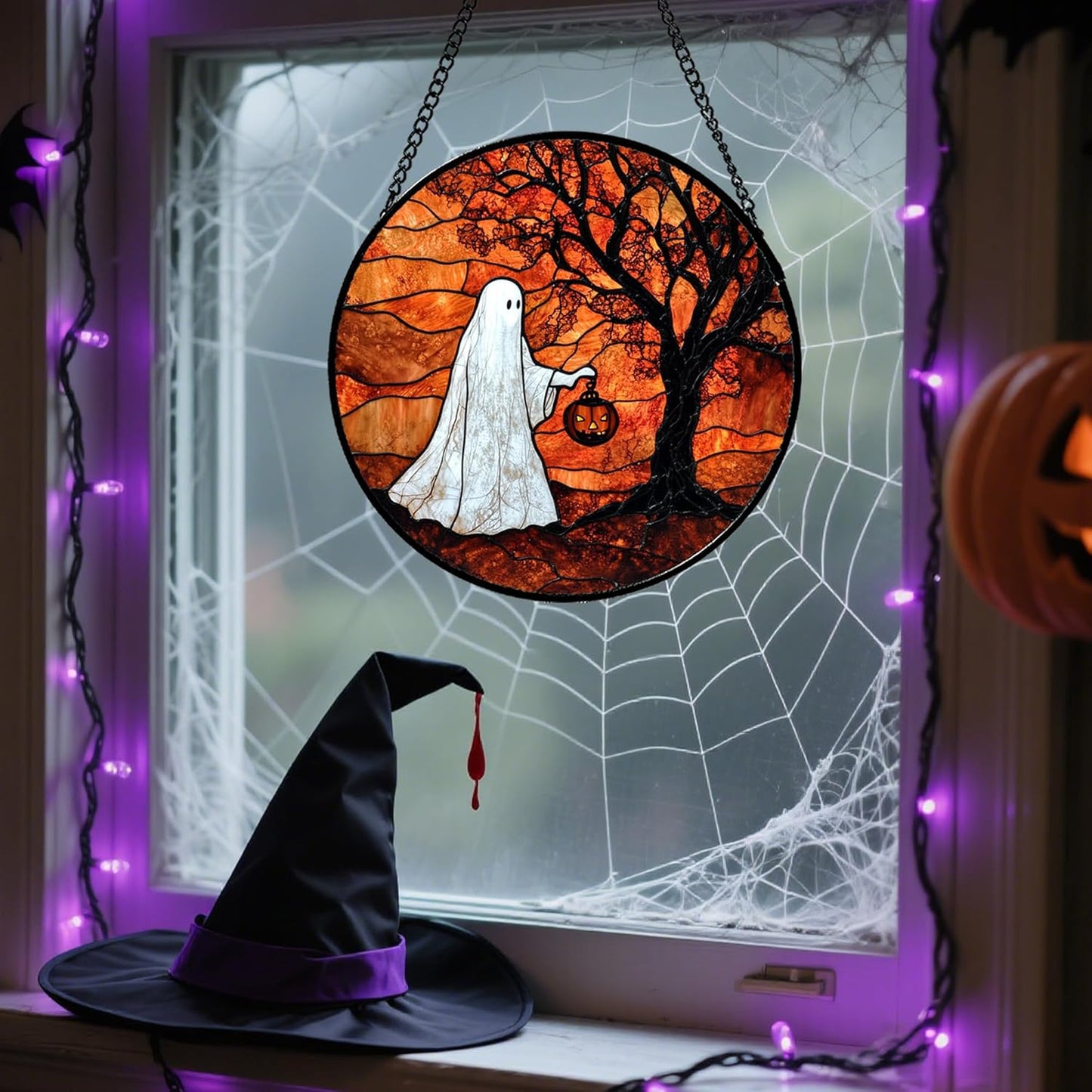 Stained Glass Window Hanging - Halloween Ghost Holding A Pumpkin Lantern Suncatcher for Door Garden Spooky Tree Sun Catchers Gothic Decorations Horror Gifts for Women Men Friend 15 in
