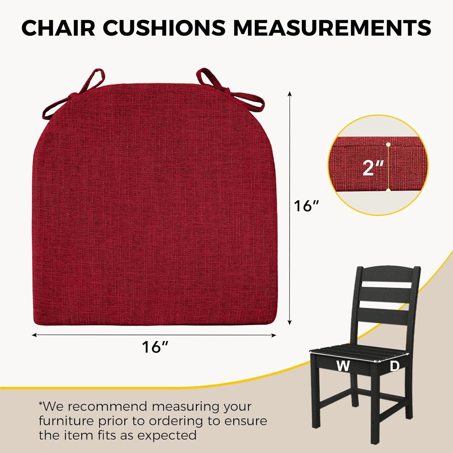 downluxe Indoor Chair Cushions for Dining Chairs, Soft and Comfortable Textured Foam Kitchen Chair Pads with Ties and Non-Slip Backing, 16" x 16" x 2", Red, 2 Pack