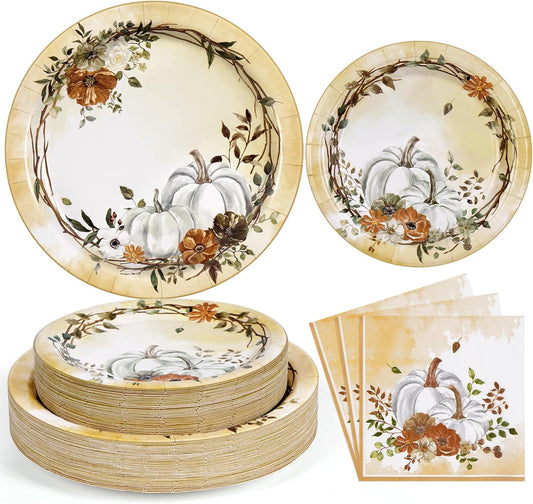 Homlouue 200 PCS Fall Plates and Napkins, Thanksgiving Plates and Napkins Sets, Watercolor Pumpkins Plate and Napkin for Fall Dinner, Thanksgiving Paper Plate for fall Autumn Harvest Party Supplies