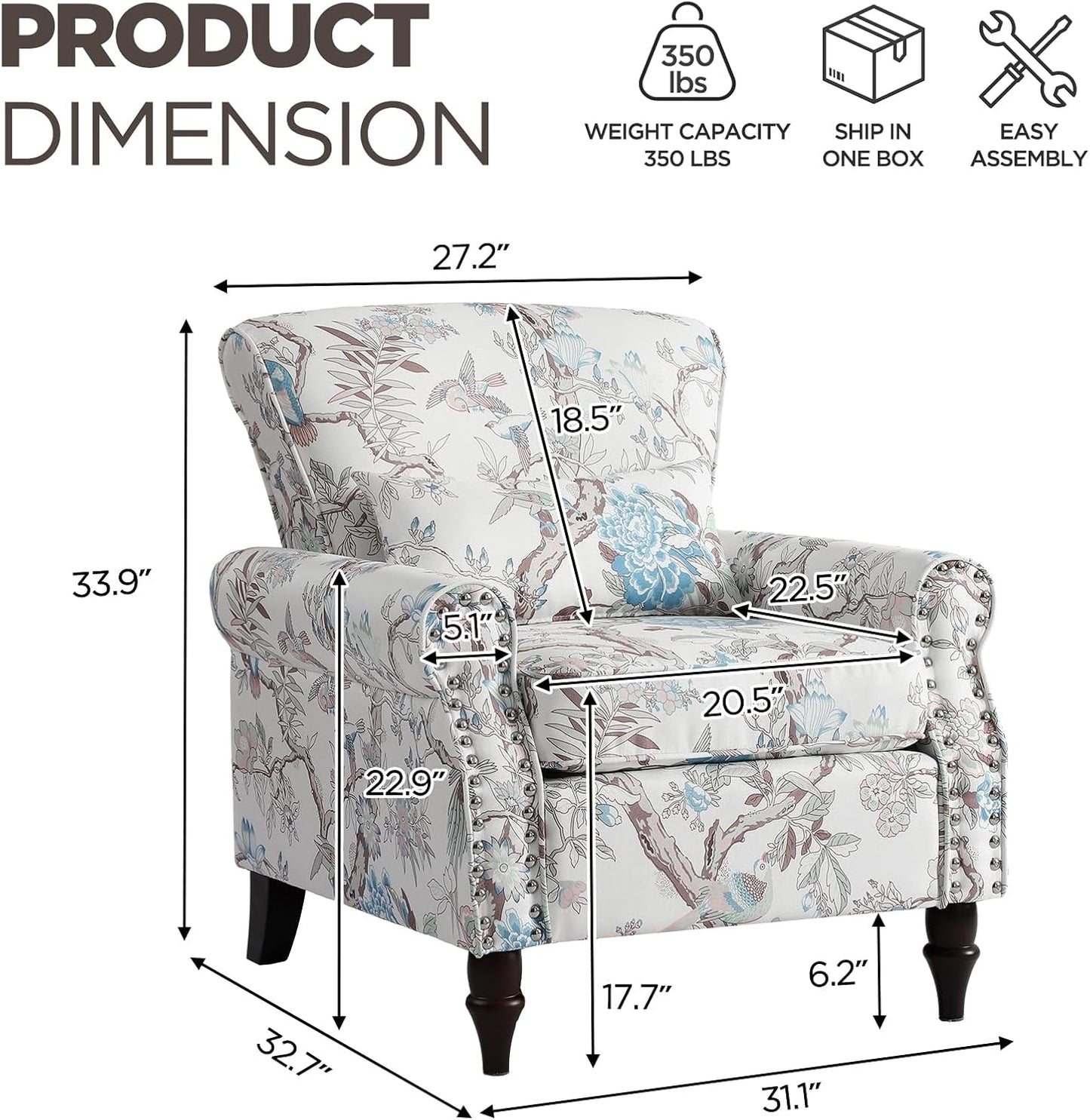 Wingback Accent Chair with Removable Pillow, High Back Floral Armchair with Solid Wood Legs & Nailhead Trim, Comfy Upholstered Reading Single Sofa Chair for Bedroom (2, Bird Floral Pattern)
