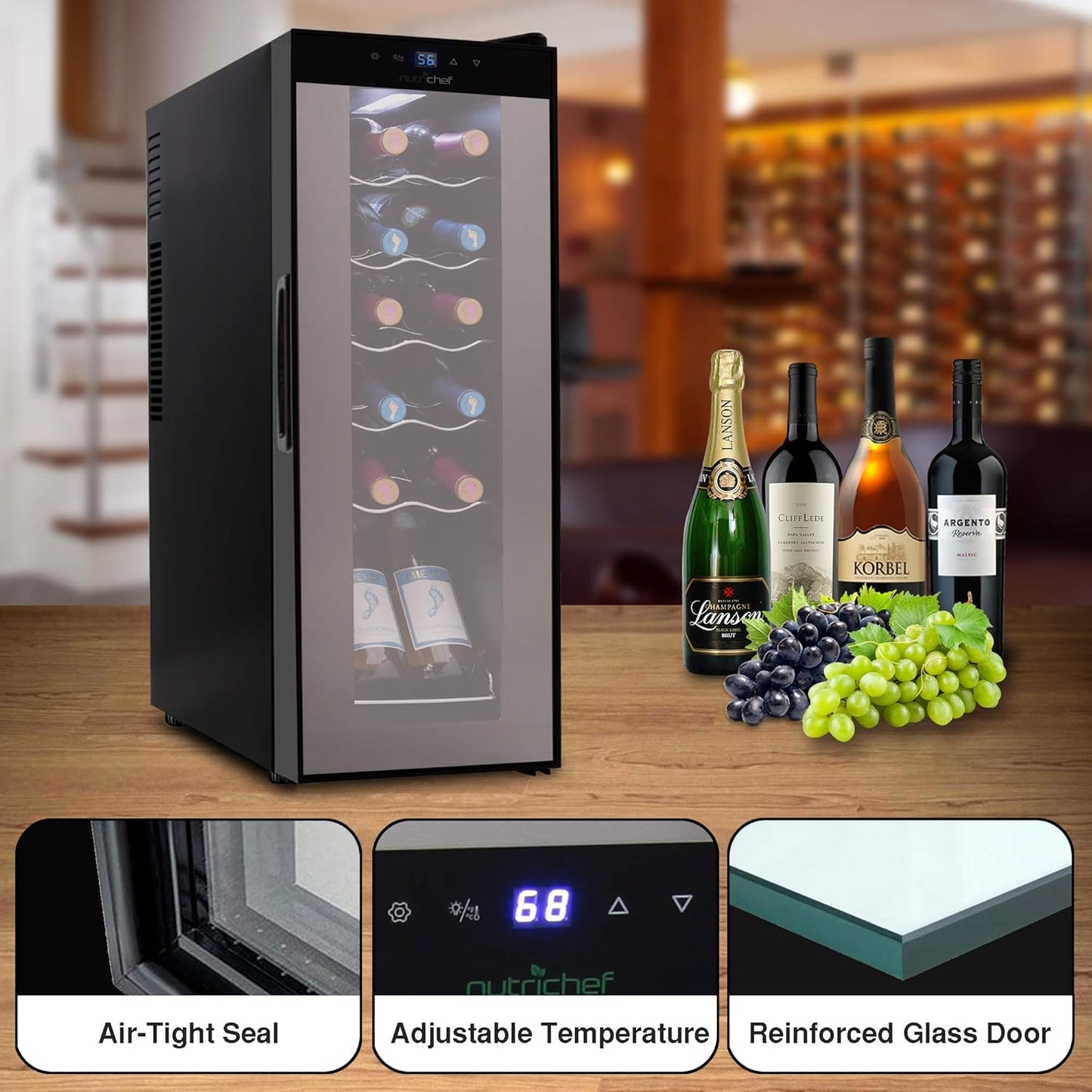 NutriChef PKCWC120 White & Red Cooler-Freestanding Countertop Compact Mini Wine Fridge Chiller Capacity, Digital Control, Glass Door, 12 Bottle-Black