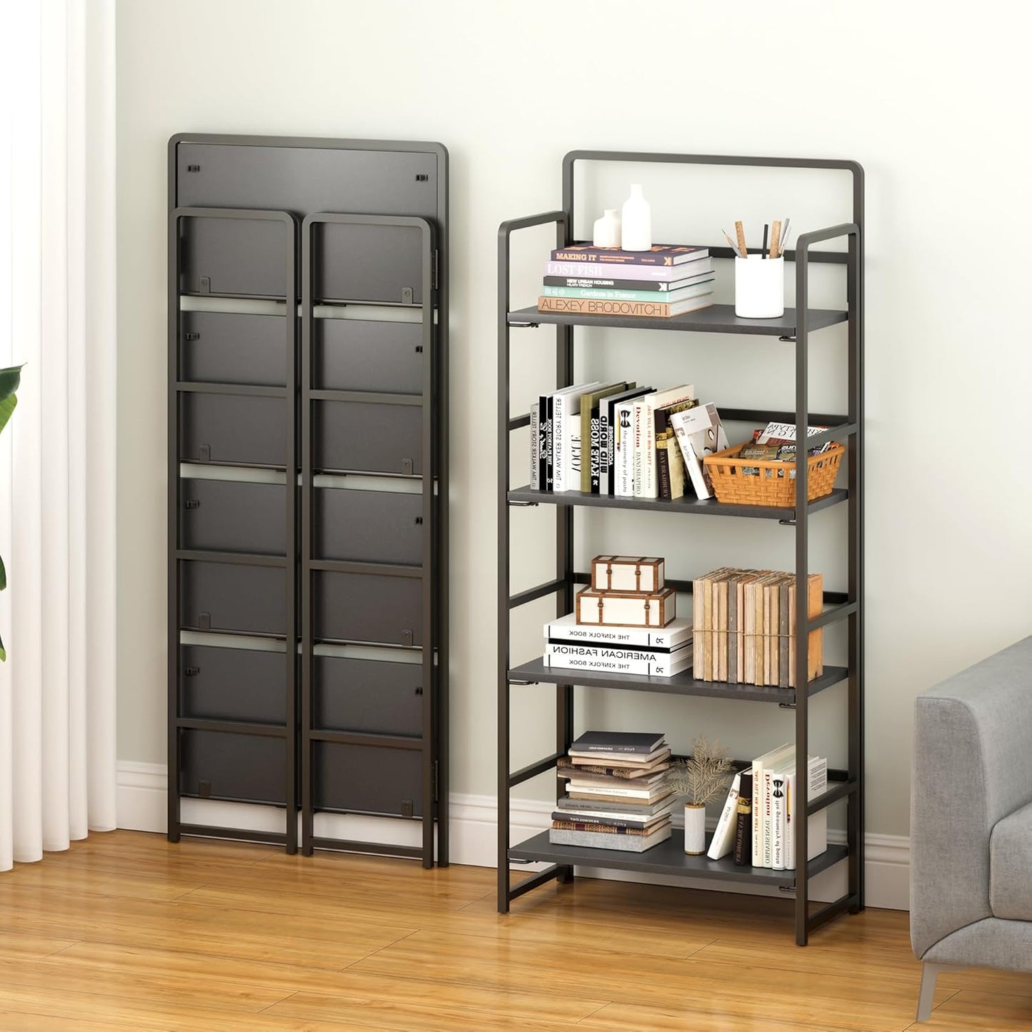 4NM No Assembly Foldable Bookshelf, 4-Shelf Collapsible Bookcase Storage for Small Spaces, 54" H, All Black