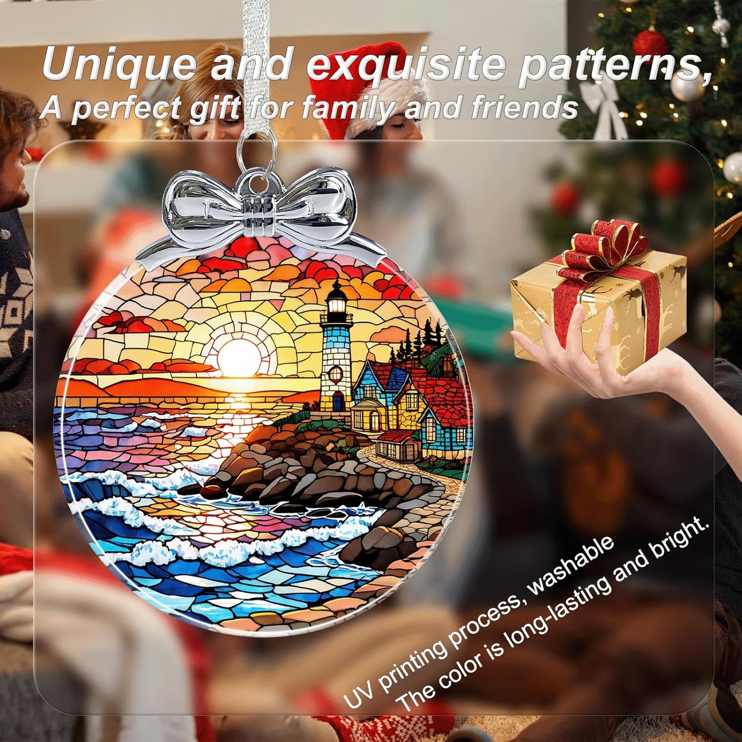 Lighthouse Stained Glass Christmas Ornament - Hanging Ornaments for Christmas Tree Decorations -Holiday Keepsake Present Exchange Idea