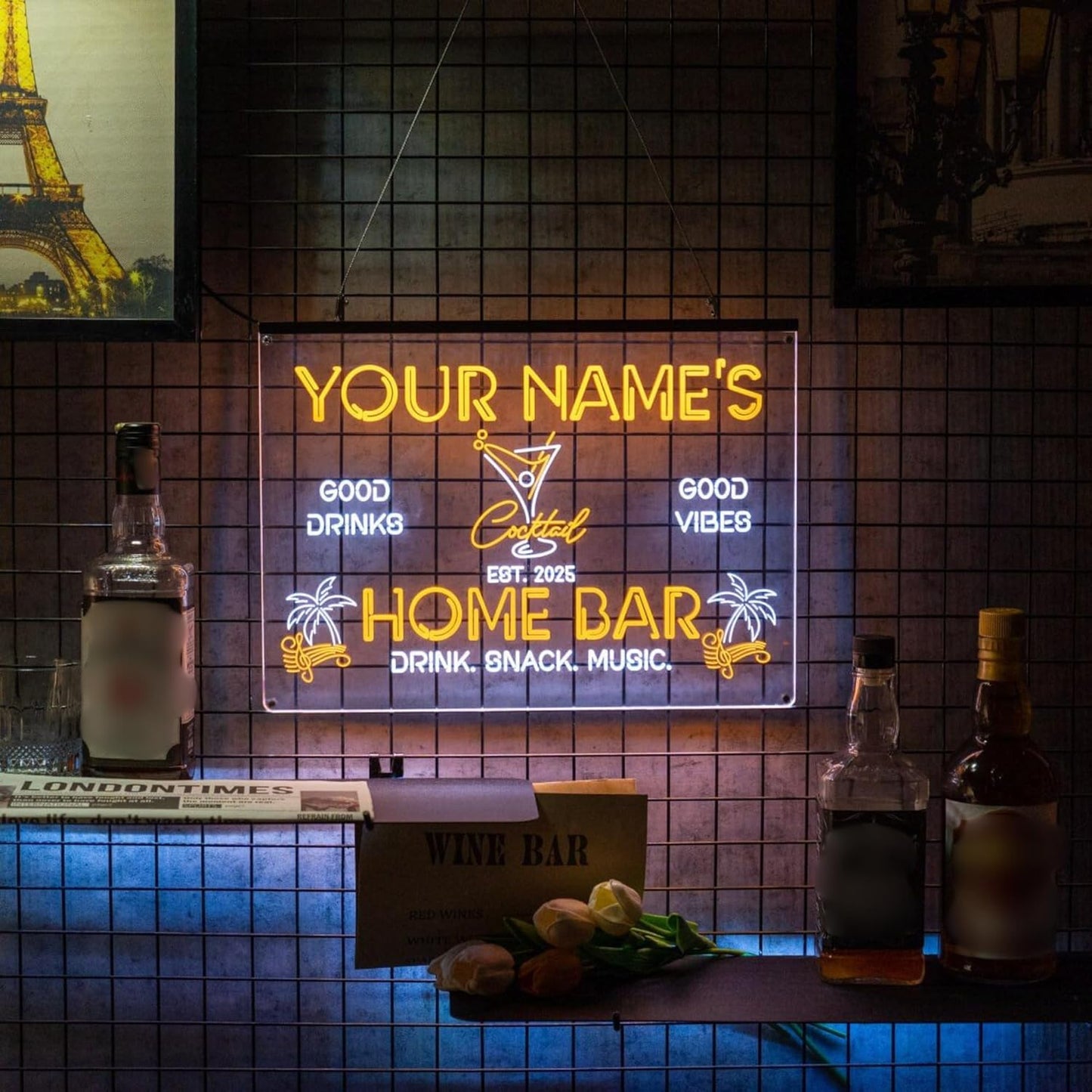 Personalized Cocktail Bar Signs with Your Name for home wall light up with personalized pub name, man cave accessories, beer themed neon customizable lighted sign