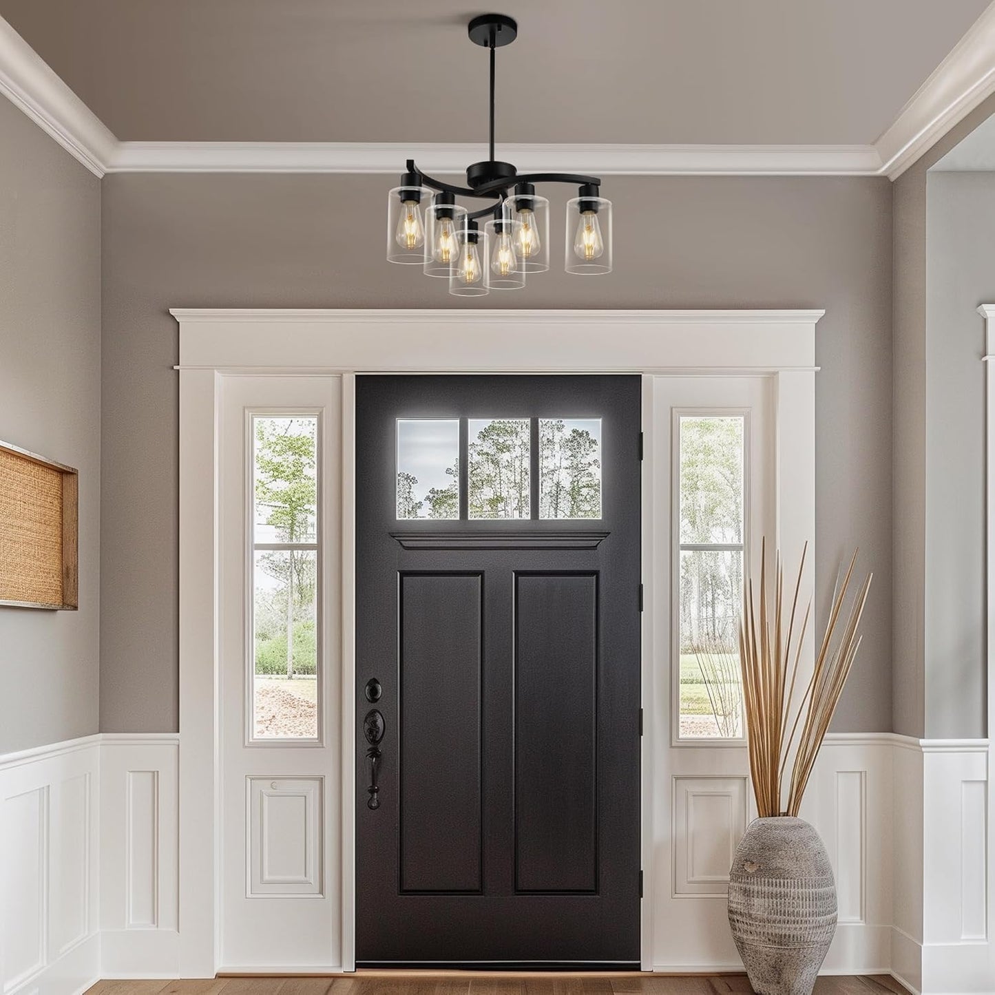 6 Light Modern Farmhouse Chandelier，Black Dining Room Light Fixture，Kitchen Pendant Lights Over Island with Glass Shade