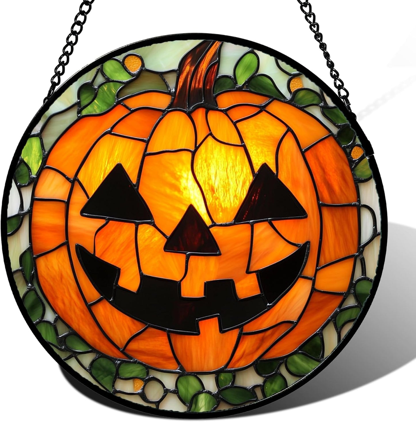 Stained Glass Window Hanging, Halloween Decorations Evil Pumpkin Suncatcher for Doors Garden Indoor Spooky Funny Orange Sun Catchers Gothic Decor Horror Gifts for Women Men Friend 6.3 in