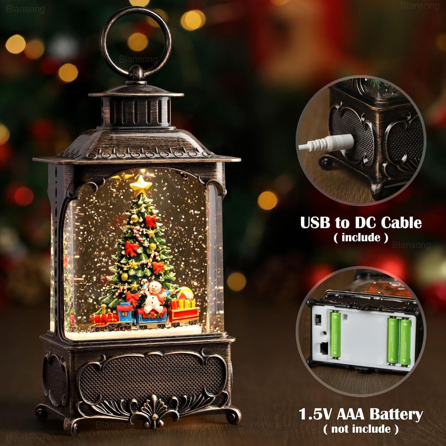 Christmas Tree Snow Globe Lantern Christmas Decorations Gifts Auto Snowfall Glitter Music Collection Snowman Train Candy Cane with 6H Timer USB/Battery Powered 10.2 inch