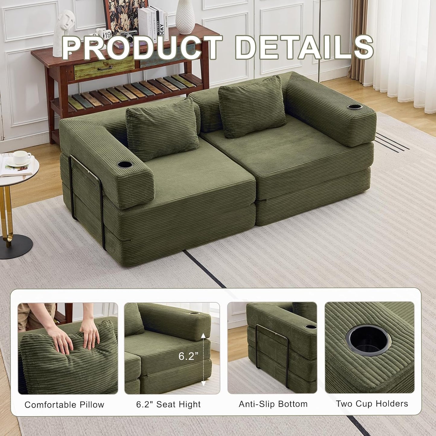 78" W Loveseat Sofa, 4 in 1 Convertible Floor Sofa Bed, Boneless Cloud Couch with Cup Holder, Fold Out Floor Couch, Loveseat Recliner Sleeper for Living Room Bedroom Lounge(Corduroy, White)