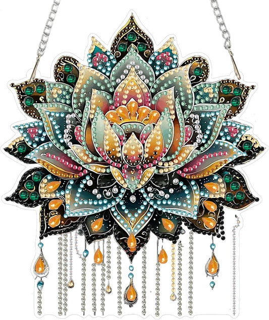 SENQAO Lotus Diamond Art Hanging Kit for Adult, Special Shaped Rhinestone, Double Sided DIY Acrylic Diamond Art Painting Window Pendants Home Garden Wall Hanging Kits Hanging Ornament