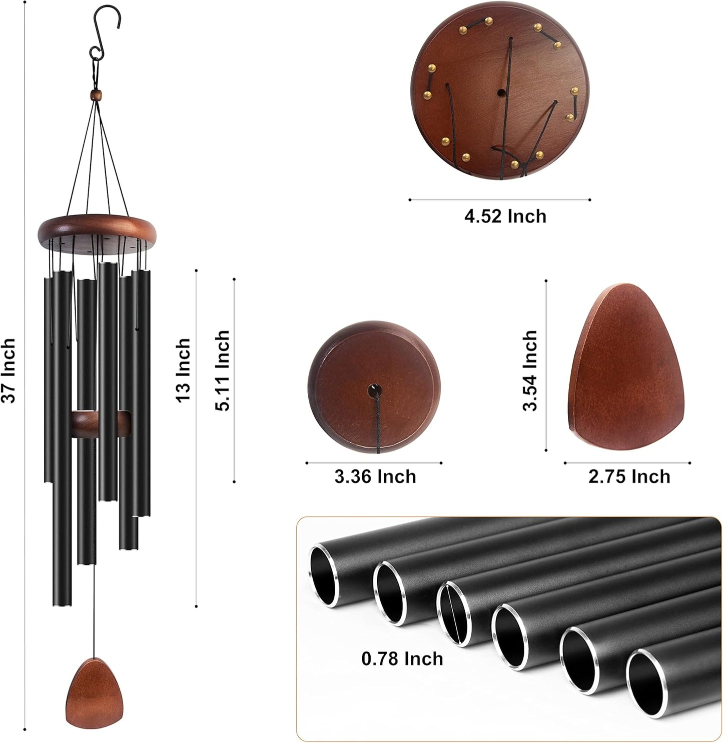 Large Aluminium Wind Chimes 37" Inches to Create a Zen Atmosphere Suitable for Outdoor, Garden, Patio Decoration. Classic Black Wind Chimes with Wind Catcher Suitable as A Gift for Unisex
