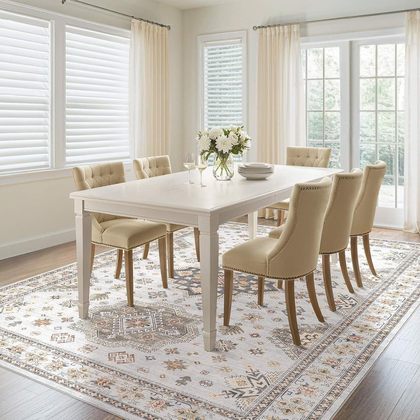 Washable Area Rugs for Living Room -9x12 Neutral Vintage Distressed Floral Farmhouse Boho Large Soft Floor Rug Indoor Non Slip Carpet for Living Room Bedroom Dining Room Office - Blue Brown