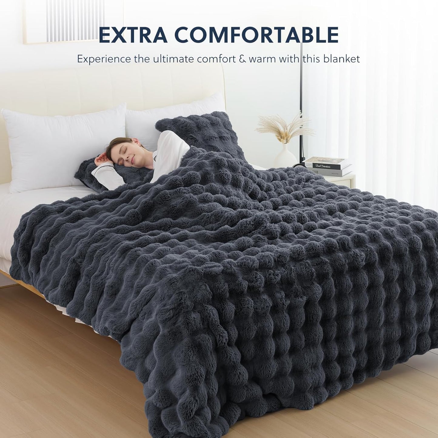 Cozy Faux Fur Throw Blanket for Bed-Warm Fuzzy Throw Blanket, Soft Plush Thick Bubble Blankets for Bedroom and Living Room, Furry Luxury Blanket, 90 x 108, Grey