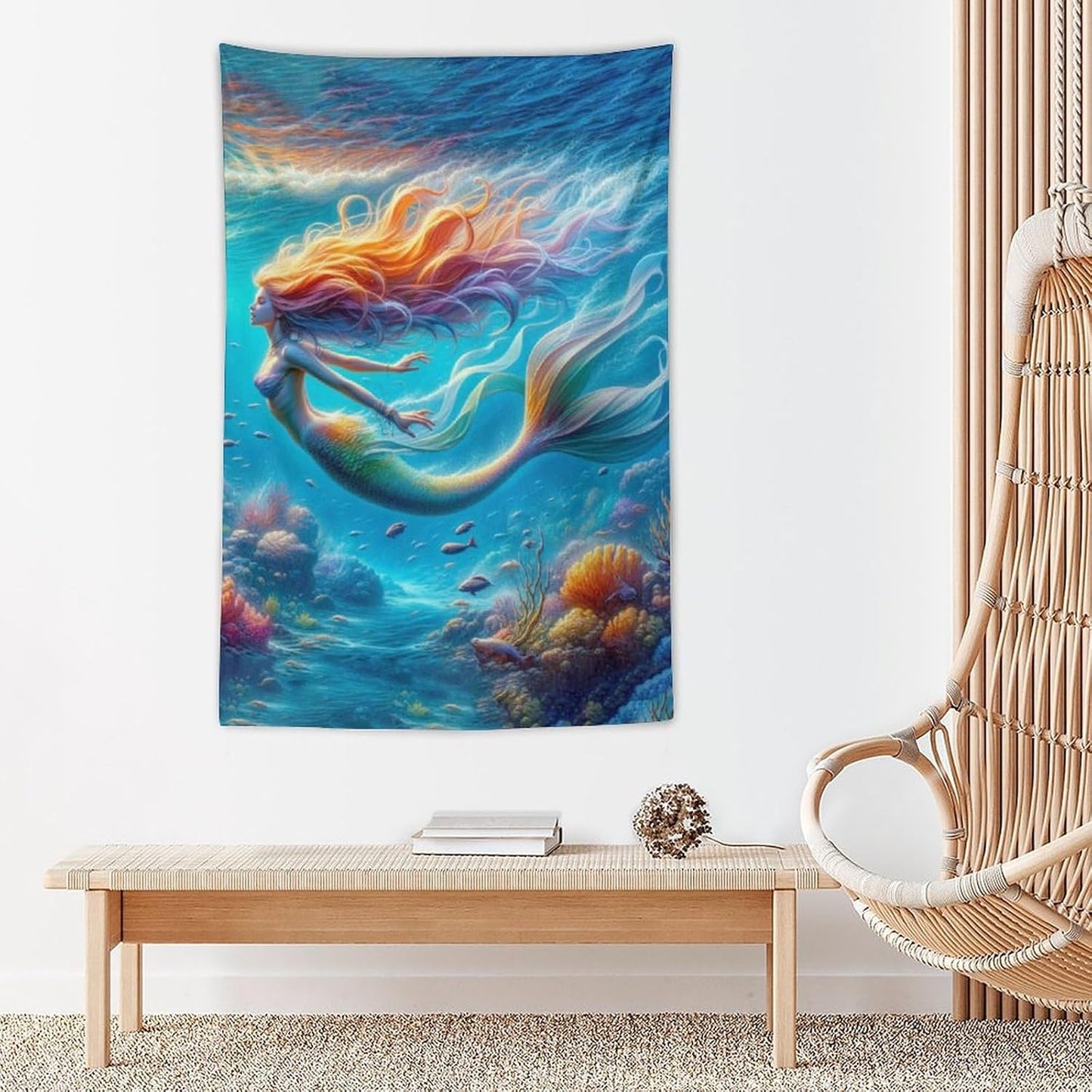 Mermaid Tapestry Ocean Tapestries Coastal Fabric Wall Hanging Aesthetic Space Indoor Outdoor Wall Art Tablecloth Bedspread Decoration for Girl’s Bedroom Dormitory Living Room Home Decor 40"x60"