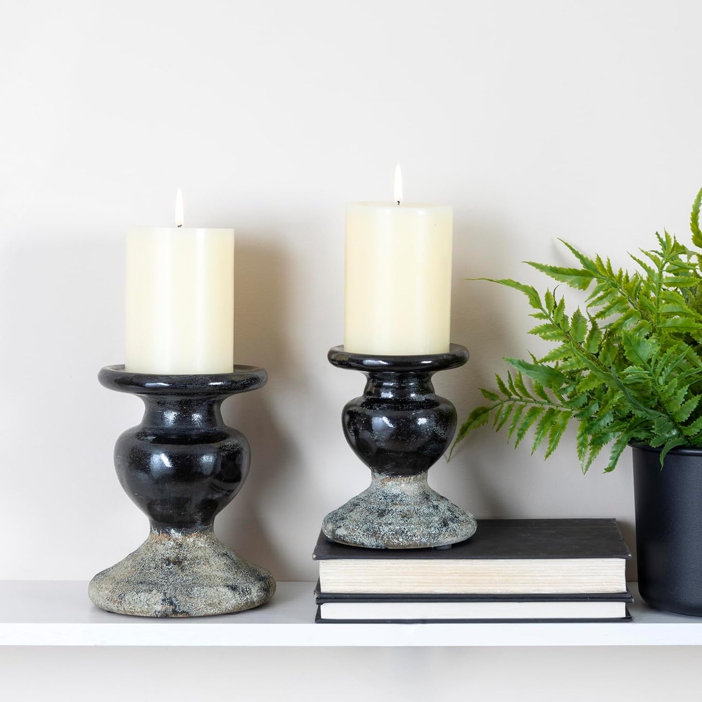 Creative Co-Op 2-Tone Sculptural Terracotta Pillar Candle Holder, Distressed Black
