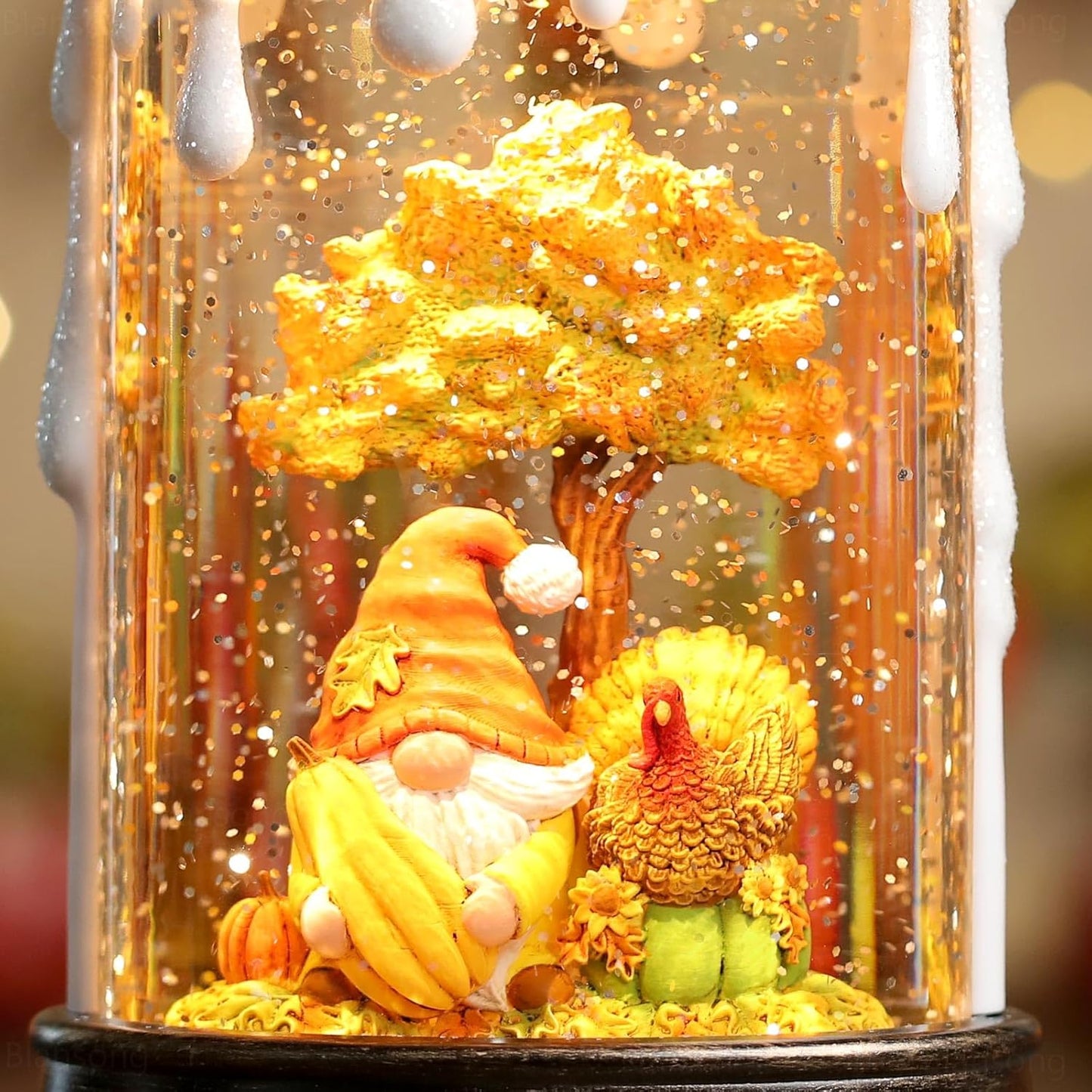 Fall Snow Globe Candle Fall Decorations for Home with Timer Gnome Turkey Pumpkin Autumn Harvest Fall Decor Indoor 9.7 inch