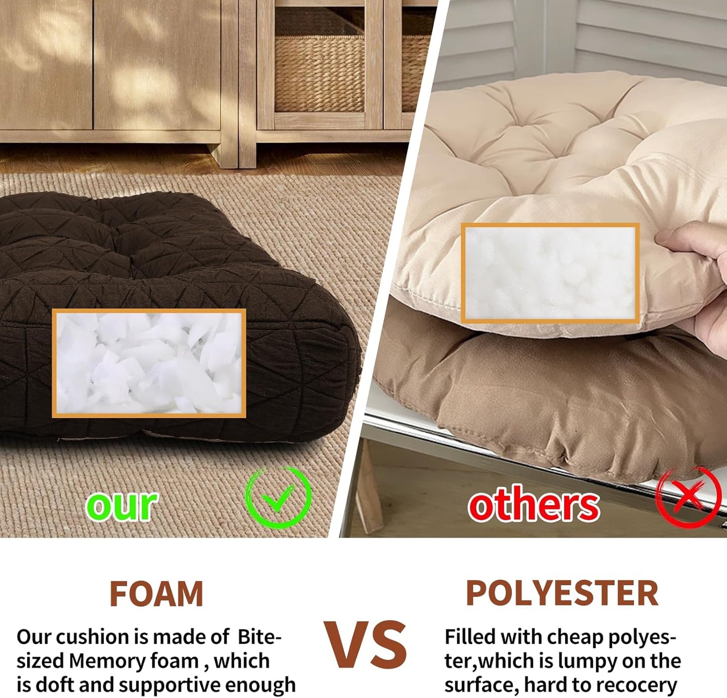 Large Chair Cushions with Handle, 20"x 20" Bite-Size Memory Foam Seat Cushions for Wicker Chair, Patio Non-Slip Rattan Chair Pads, Square Floor Cushion, Brown