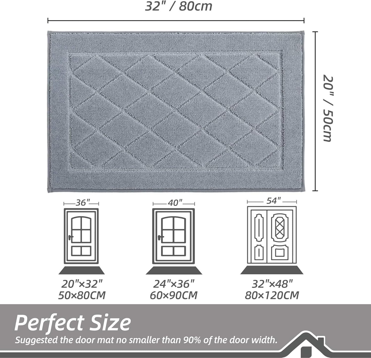 BEQHAUSE Dirt Trapper Door Mat 20" x 32", Doormat Non-Slip Entryway Rugs Washable, Dog Door Mat Stain Resistant and Absorbent Welcome Floor Mat for Front Back Door, Muddy Wet Shoes & Paws, Grey