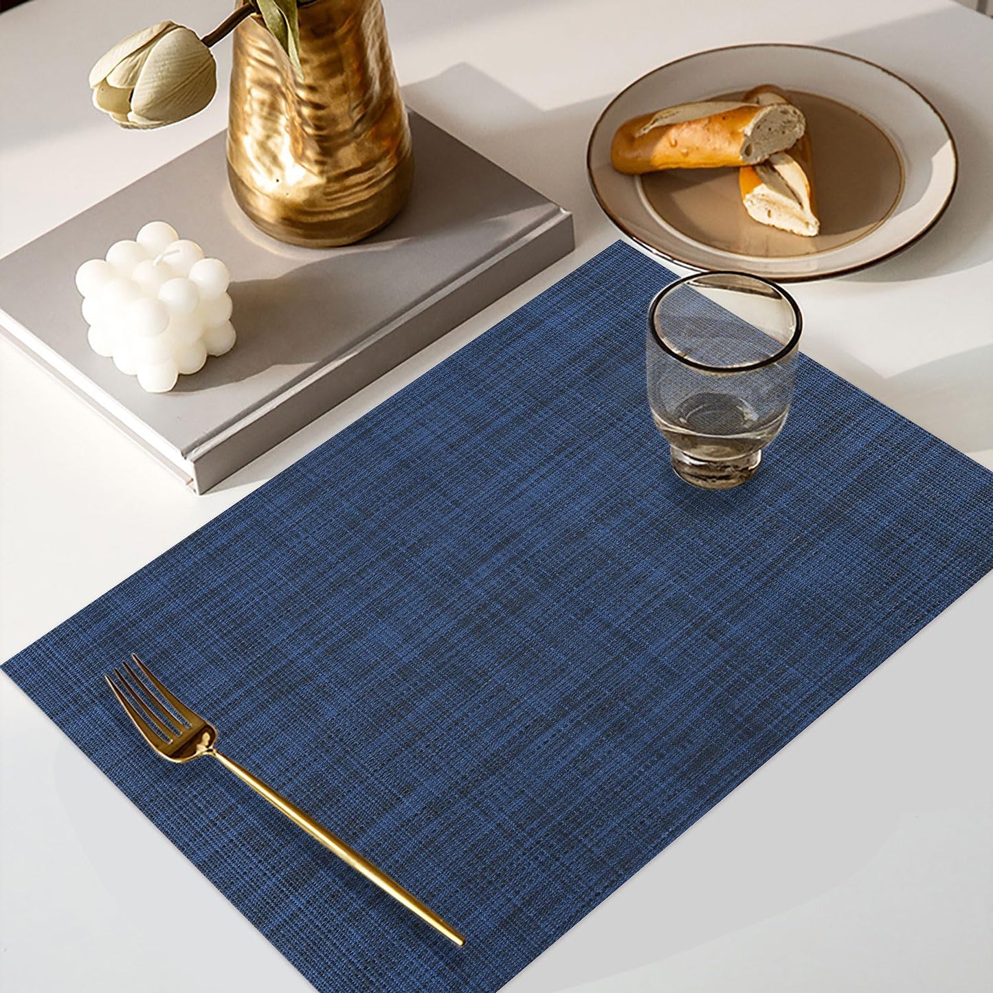 Vinyl Placemats Set of 4, PVC Woven Washable Non-Slip Table Mats, Heat Resistant Wrinkle Free Place Mats for Dining Table, Easy to Clean (4, Navy Blue)