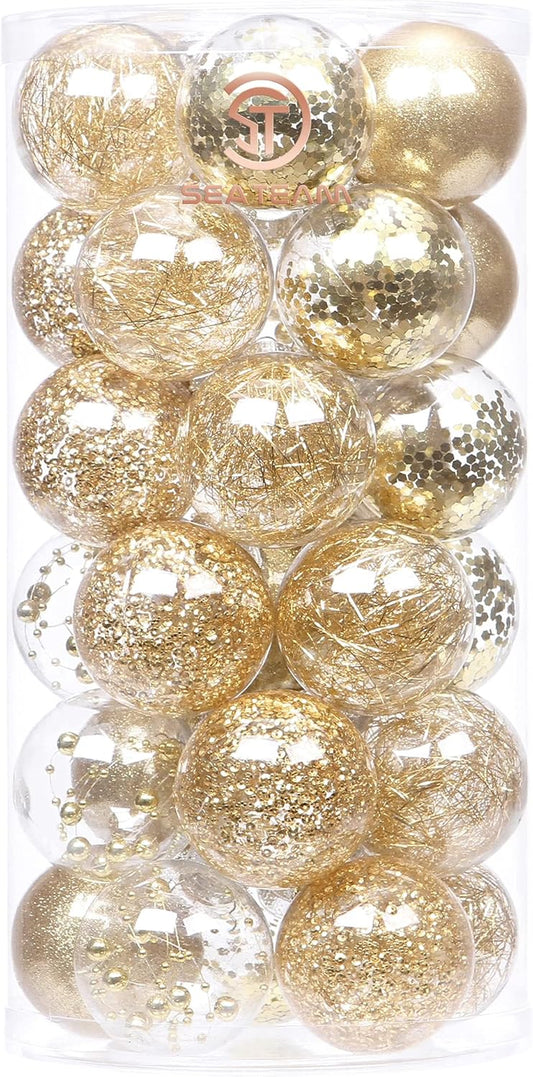Sea Team Shatterproof Clear Plastic Christmas Ball Ornaments Decorative Xmas Balls Baubles Set with Stuffed Delicate Decorations (60mm/2.36"/30-Pack, Gold)