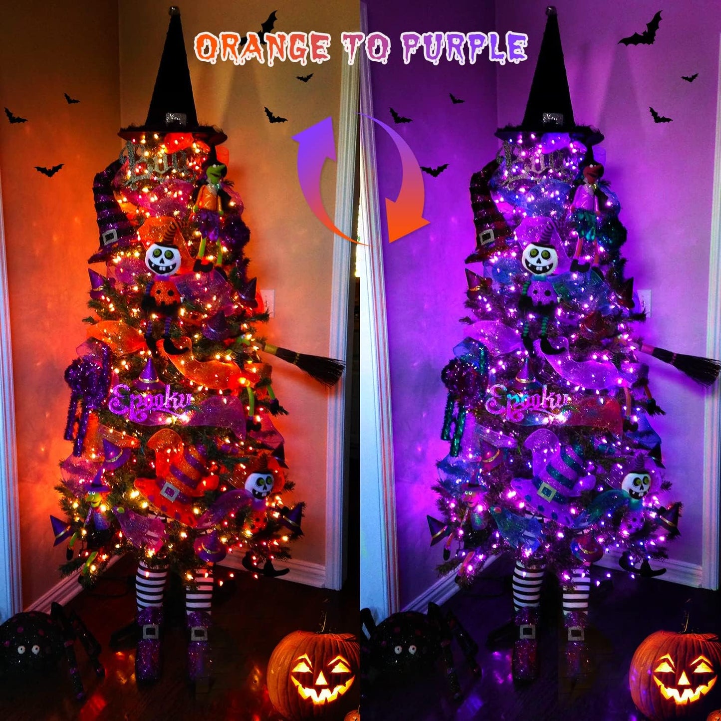 JMEXSUSS 200 LED Orange and Purple Halloween Lights Plug in, 66ft Connectable Color Changing Christmas String Lights with Remote, Outdoor Waterproof Tree Lights for Yard Halloween Decor