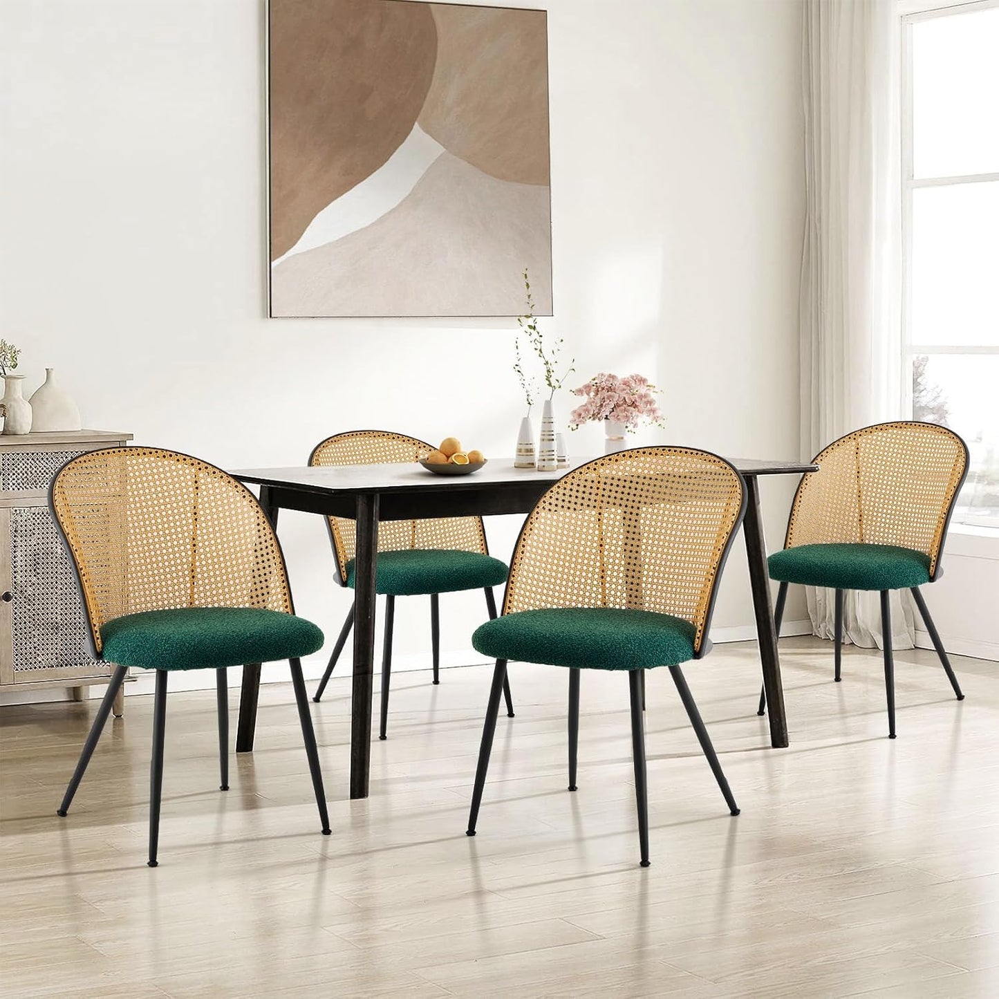 Rattan Dining Chairs Set of 4, Mid-Century Modern Kitchen Dining Room Chairs with Full Cane Backrest Armless Upholstered Farmhouse Boucle Dining Chairs with Metal Leqs for Dining Room, Green