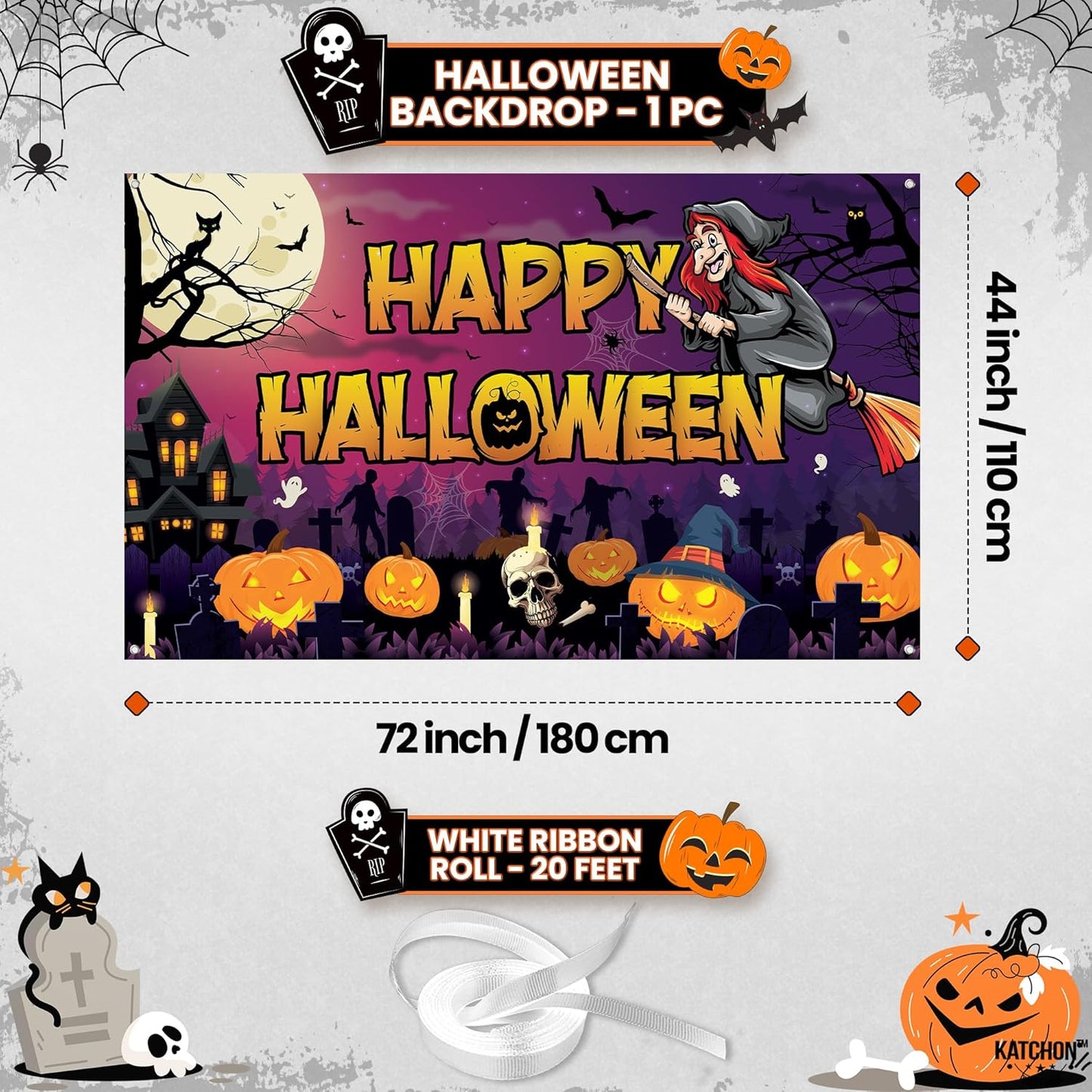 KatchOn Spooky Happy Halloween Banner - XtraLarge, 72x44 Inch | Pumpkin Halloween Backdrop for Purple & Orange Decorations | Witch Backdrop for Party Decorations
