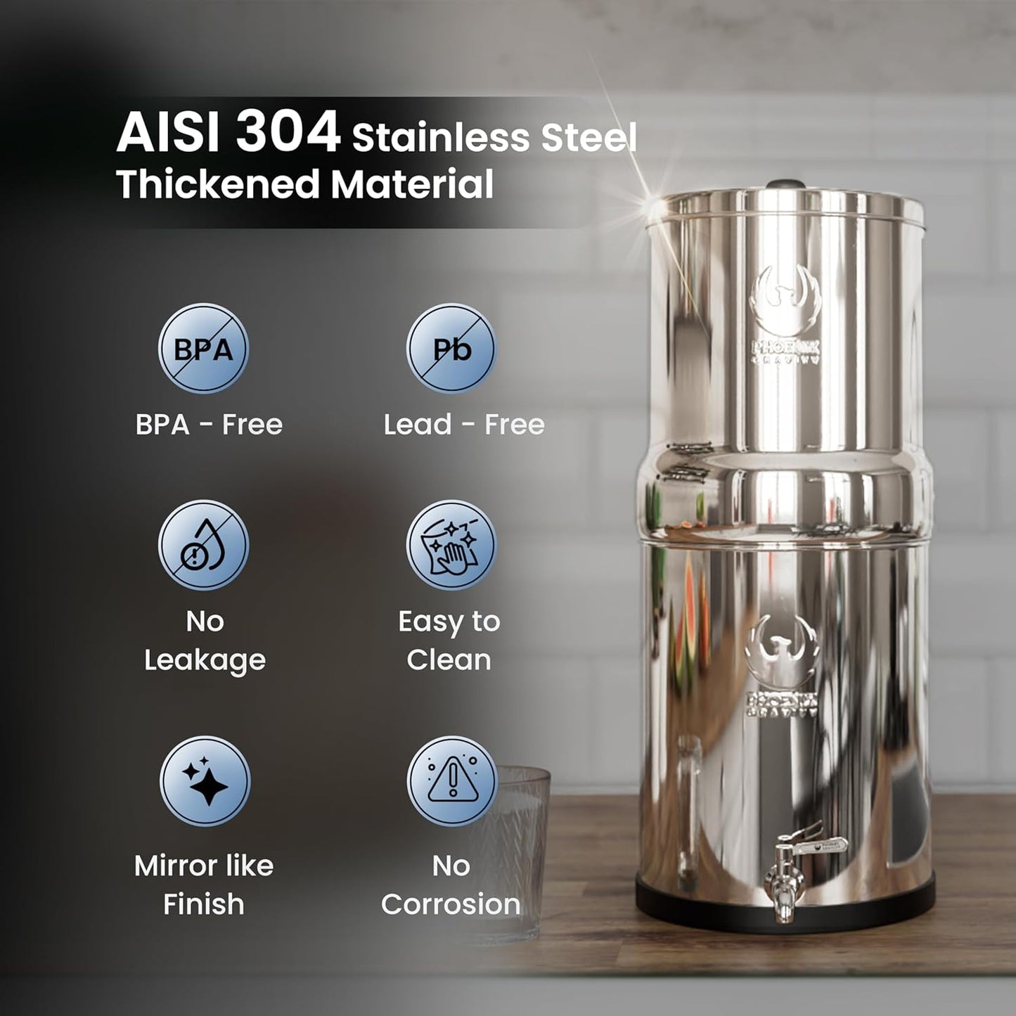 Gravity Water Filter System - 3.25 Gallons - NSF Certified - AISI 304 Stainless Steel Countertop Water Filter System with 2 Smart (Black) Carbon Filter Elements & Free Stainless Steel Water Spigot
