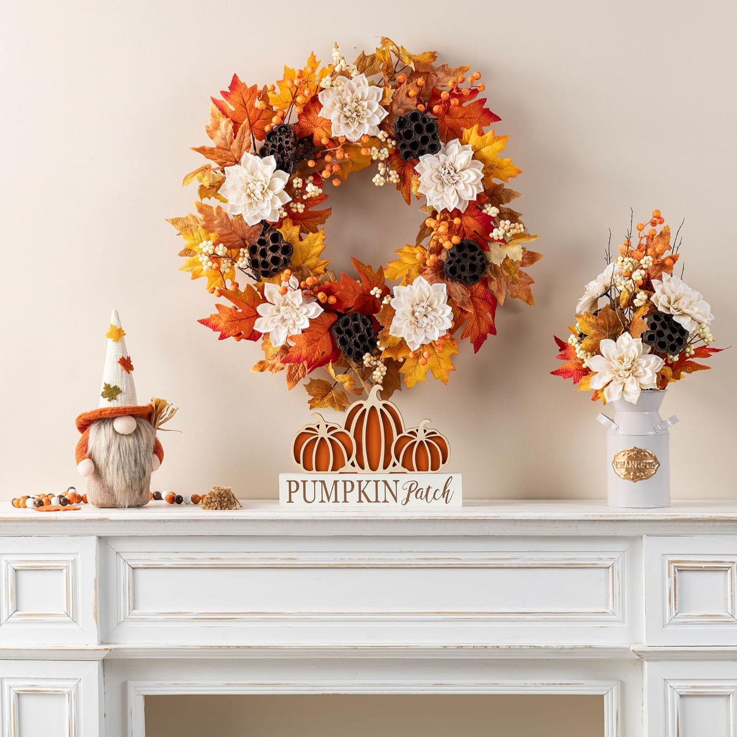 Glitzhome 24" D Fall Sorghum Wreath with Metal Hanger, Harvest Wreath for Front Door, Fall Door Wreaths for Indoor Outdoor Thanksgiving Harvest Holiday Decorations
