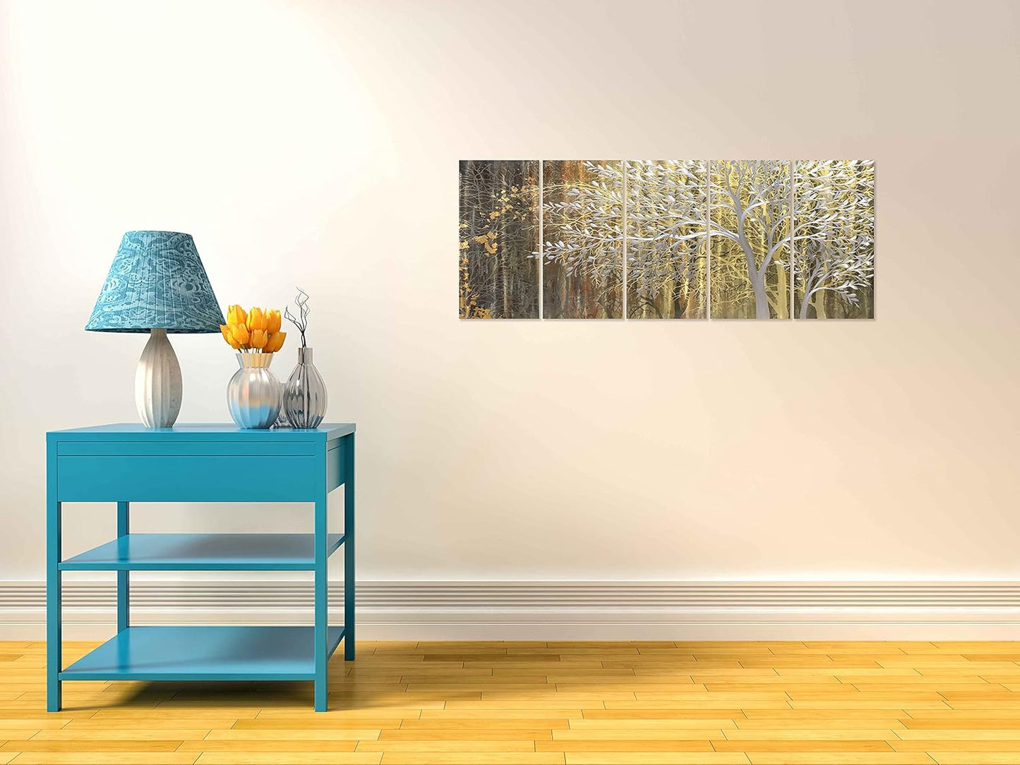 Yihui Arts Gold Metal Wall Art Handcrafted Tree on Aluminum Artwork Modern Forest Pictures with 3D for Living Room Bedroom Kitchen Decor