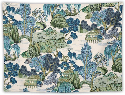 Chinoiserie Tapestry,Asian Watercolor Abstract Art Tapestry,Asian Japanese Wall Tapestry, Nature Landscape Tapestries for Bedroom Living Room Decor 80"x60"