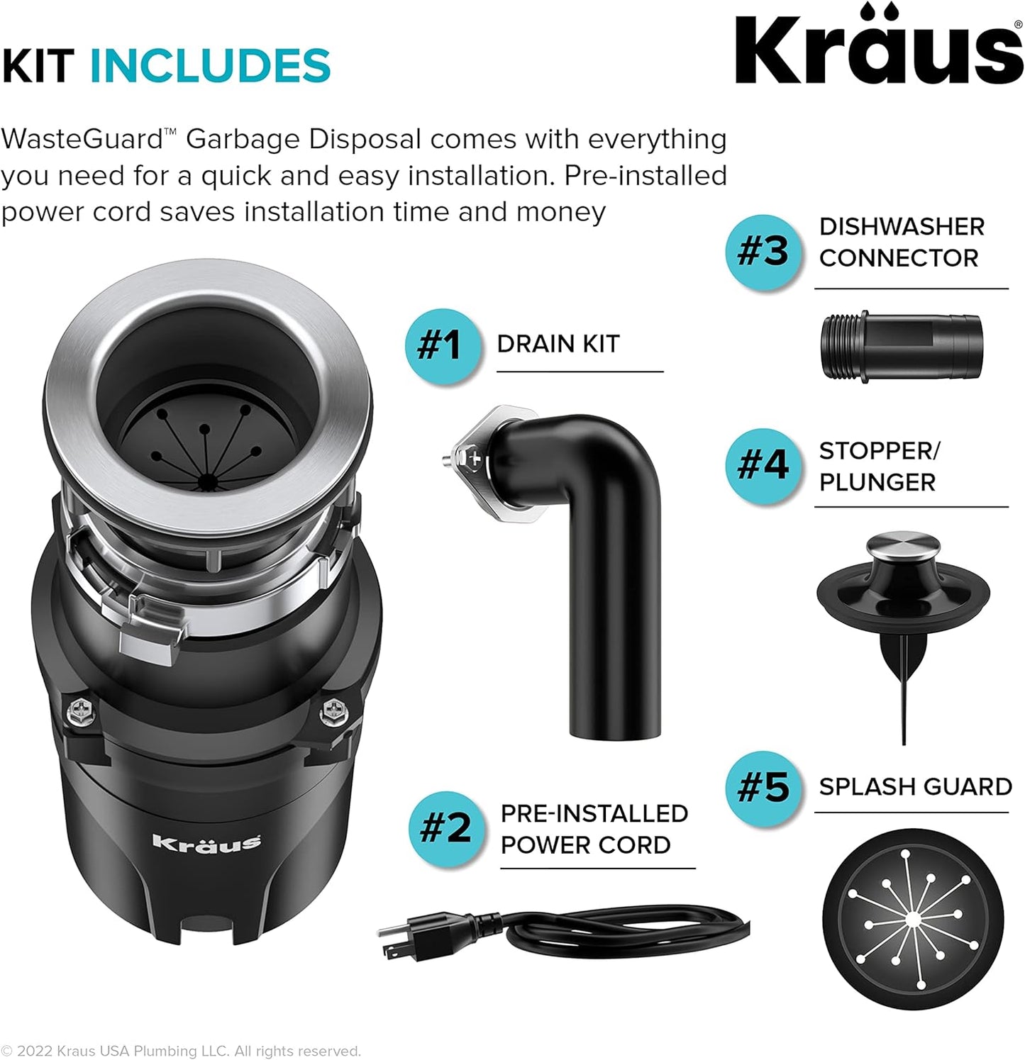 KRAUS WasteGuard 1/3 HP Ultra-Quiet Garbage Disposal with Quick Connect, Kitchen Sink Drain Cover, Power Cord and Flange Included, KWD100-33MBL