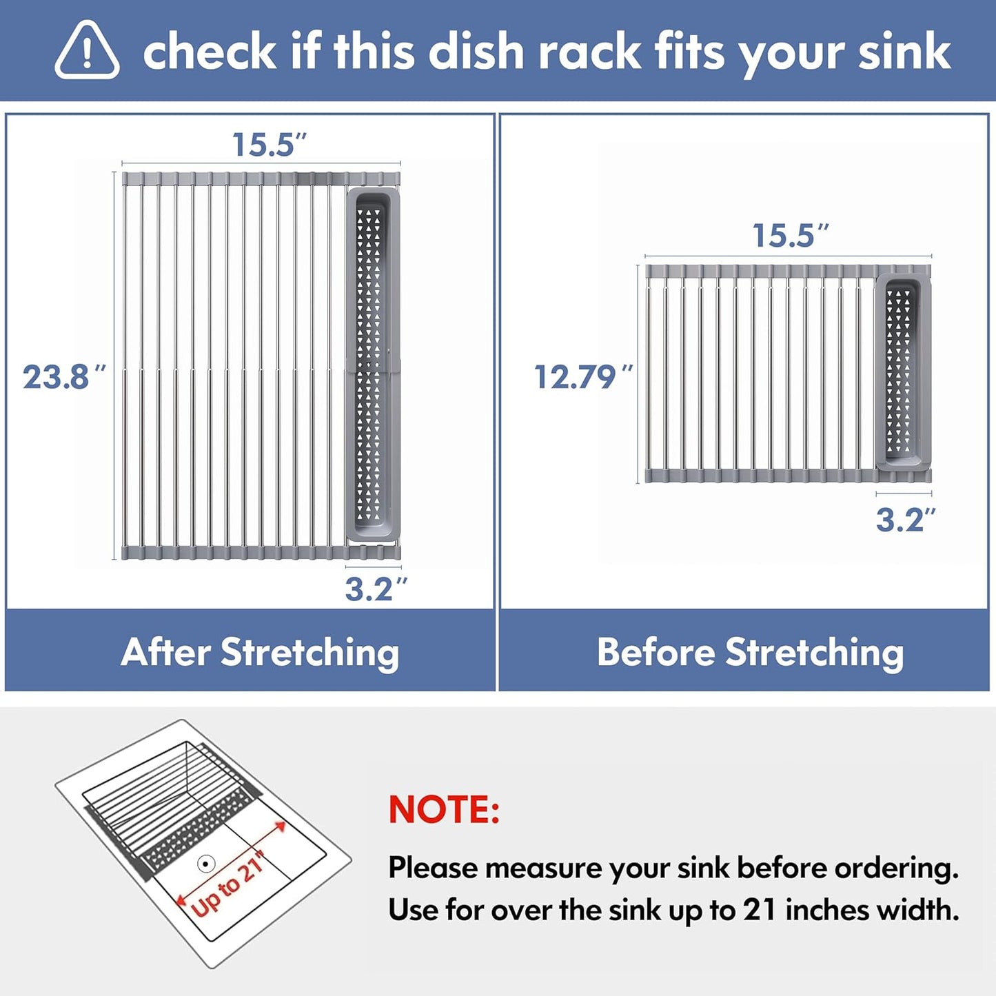Over The Sink Dish Drying Rack for Kitchen, Expandable (12.8"-23.8" D x 15.5" W) Roll Up Dish Drainer with The Function of Fordable, Rust Proof, Large Sink Cover with Removable Utensil Holder