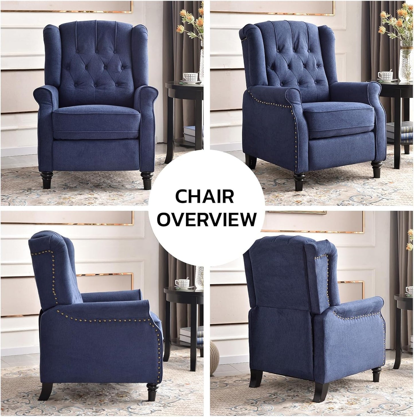 EBELLO 2 Pcs Pushback Recliner Chairs, Fabric Armchair Push Back Recliner with Rivet Decoration, Single Sofa Accent Chair for Living Room, Bedroom, Blue