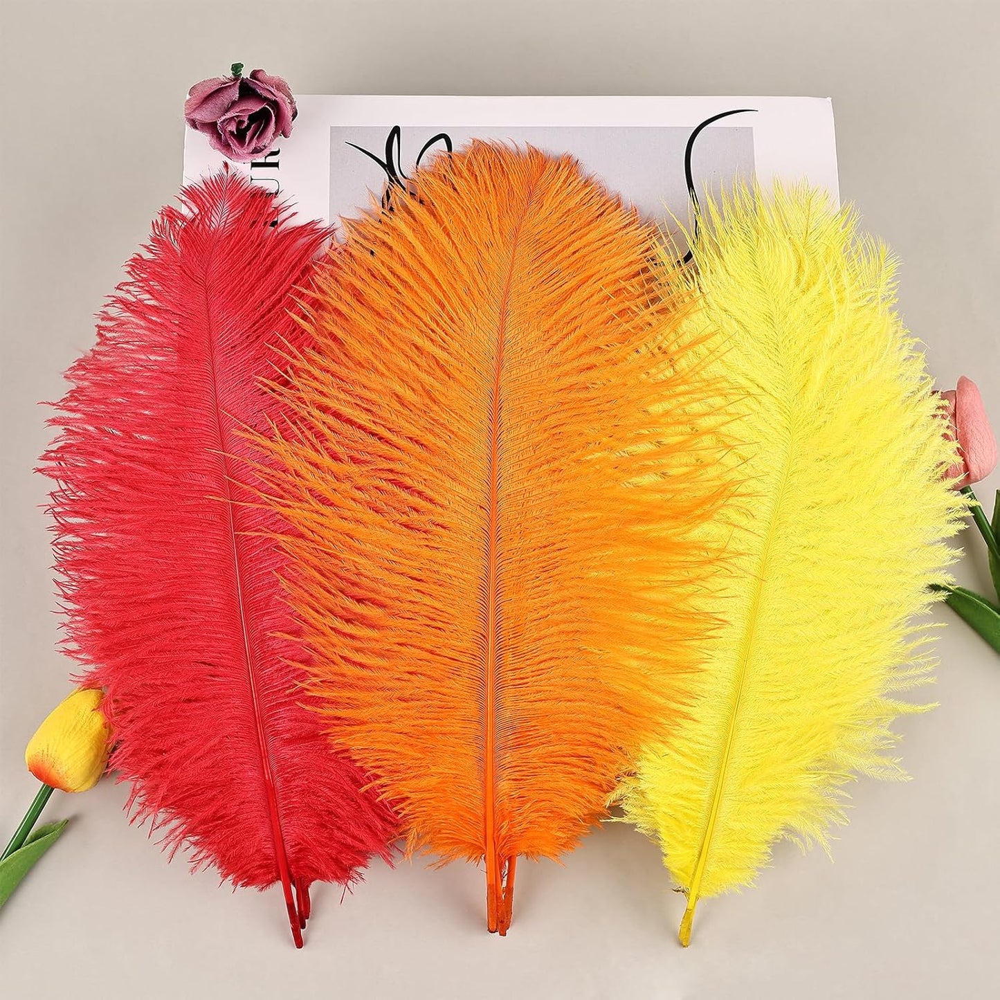 THARAHT Red Orange Yellow Ostrich Feathers 12pcs Natural Bulk 8-10Inch 20cm-25cm for Crafts Wedding Party Centerpieces Halloween and Home Decoration Feathers