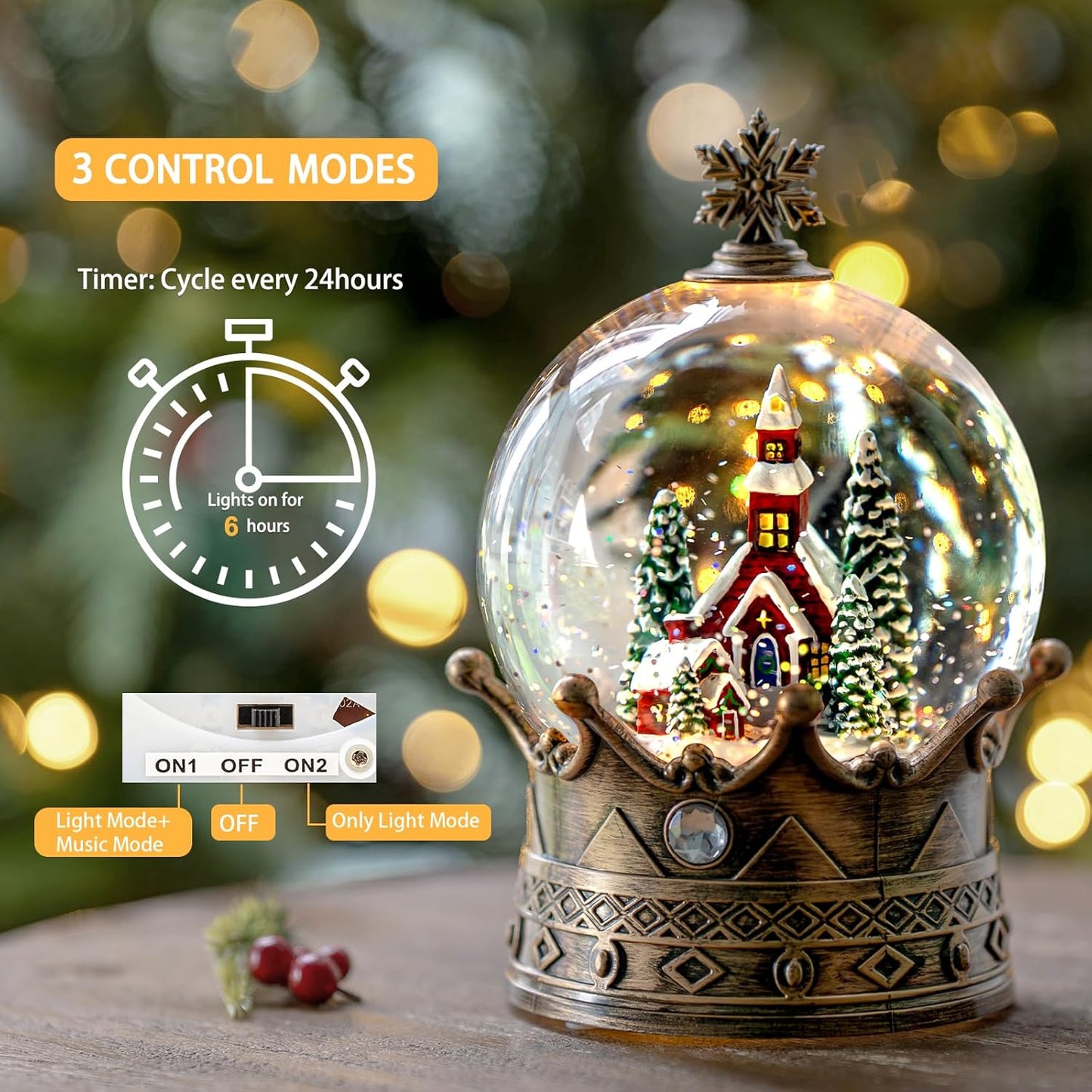 Christmas Snow Globe Lantern Water Glittering Churche Crown with Music, USB Lined/Battery Operated Lighted Lantern for Christmas Festival Decoration Gifts