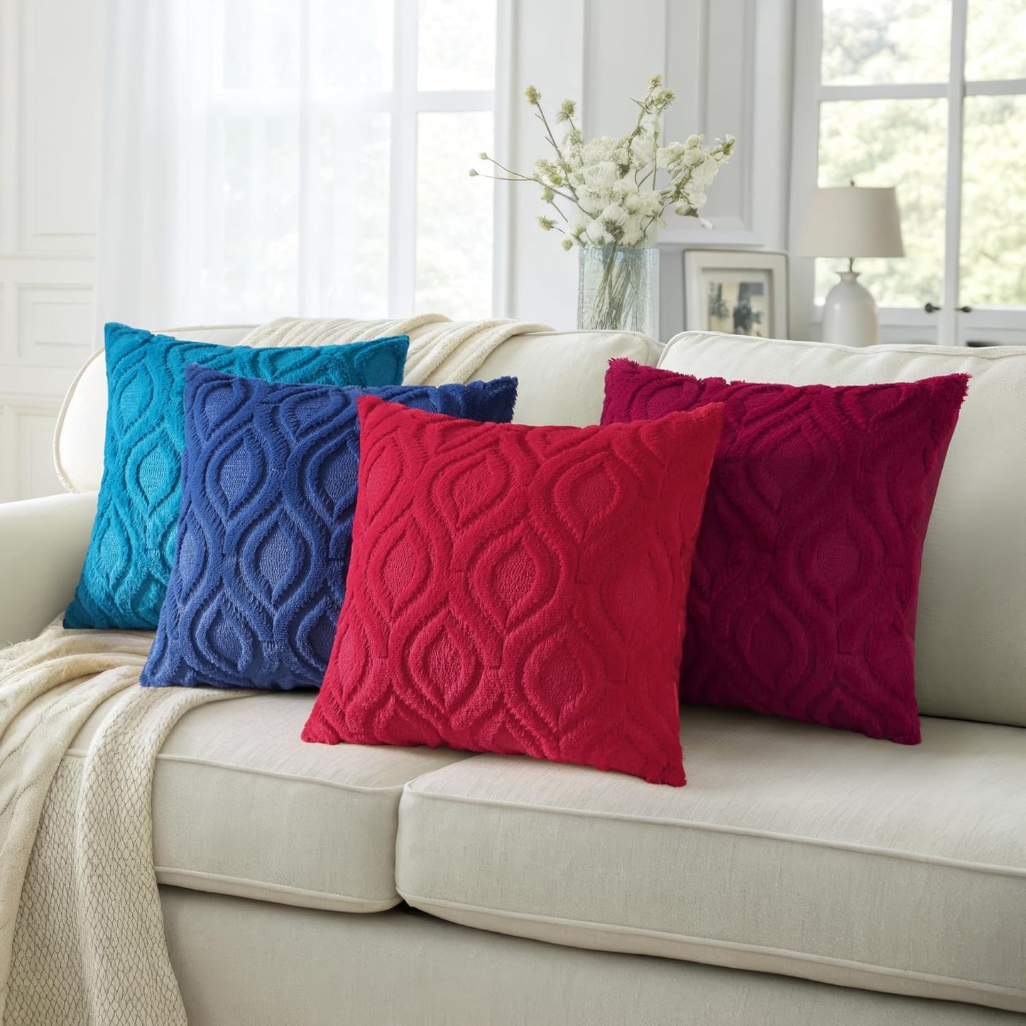 decorUhome Fall Throw Pillow Covers 20x20 Inch Set of 2, Soft Plush Decorative Faux Fur Navy Blue Solid Couch Pillow Covers, Accent Farmhouse Neutral Square Euro Pillow Cases for Sofa Bed Living Room