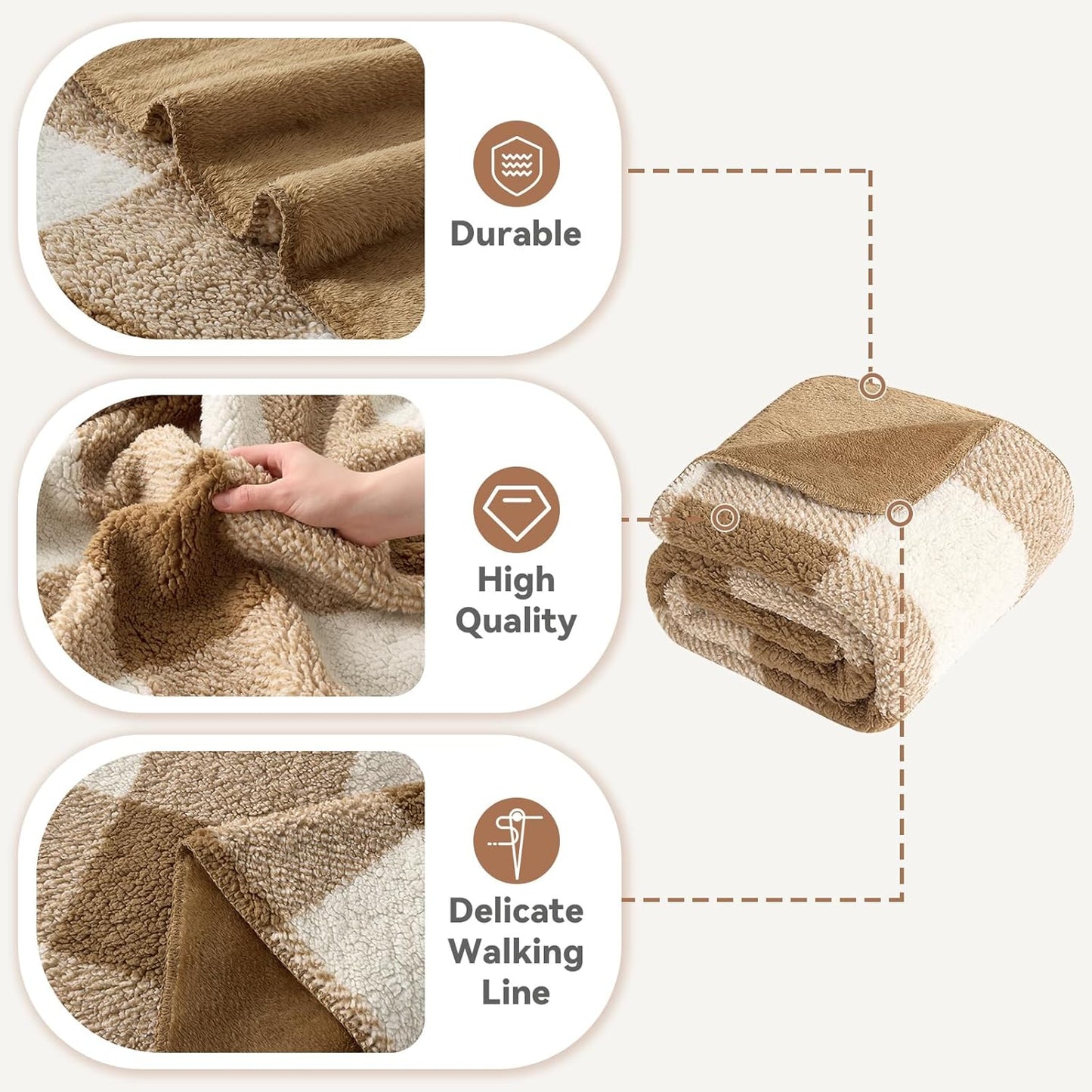 LURKA Checkered Sherpa Fleece Throw Blanket - Extra Thick and Warm Winter Soft Fuzzy Plush Blanket for Couches, Beds & Pets, Brown, 50x60 Inches