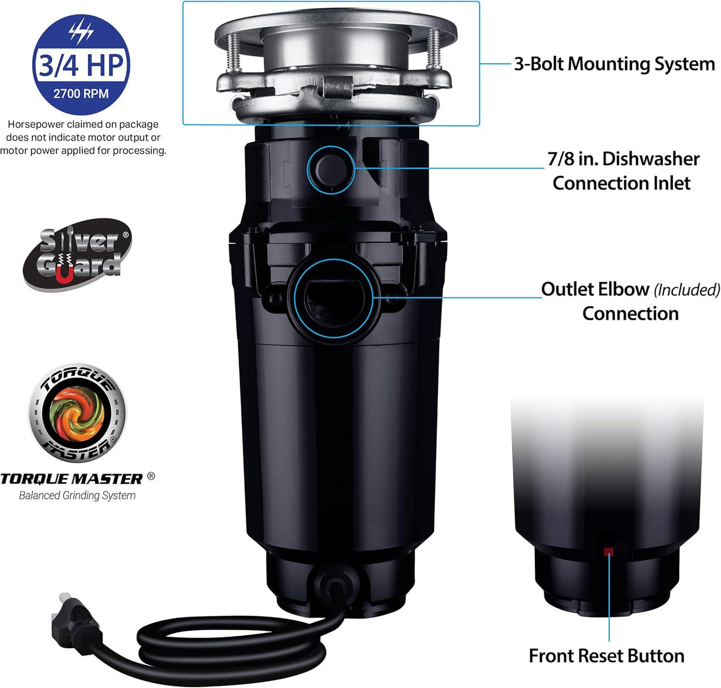 Waste Maid 10-US-WM-458-SL-3B Garbage Disposal Anti-Jam Stainless Steel Food Waste Grinding System, 3/4 HP Slim Line, Black