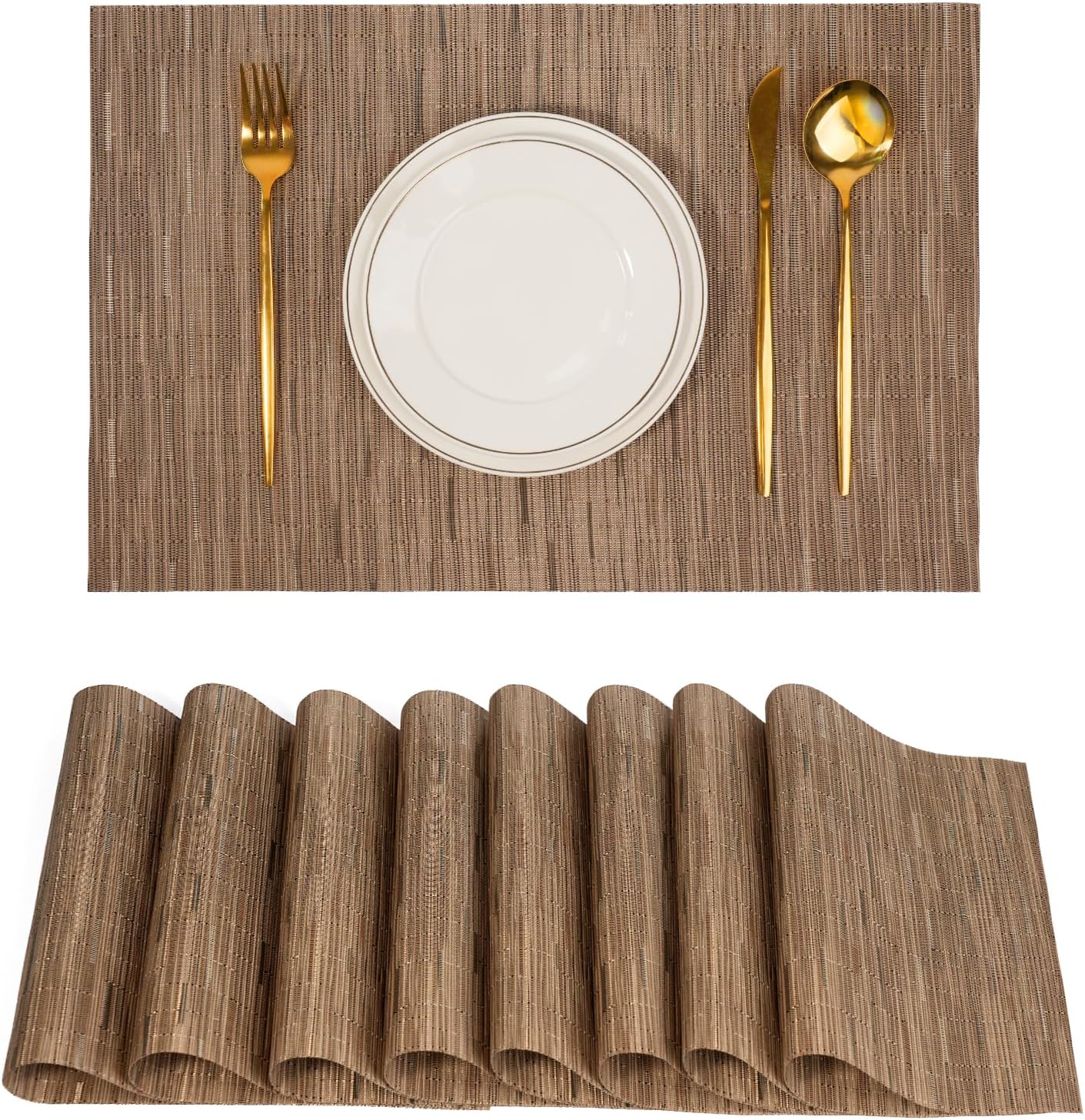 Placemats Set of 8，Non-Slip PVC Weave Table Mats Easy to Clean，Heat Resistant Place Mats for Kitchen Dining Table Decoration Indoor Outdoor，Light Brown