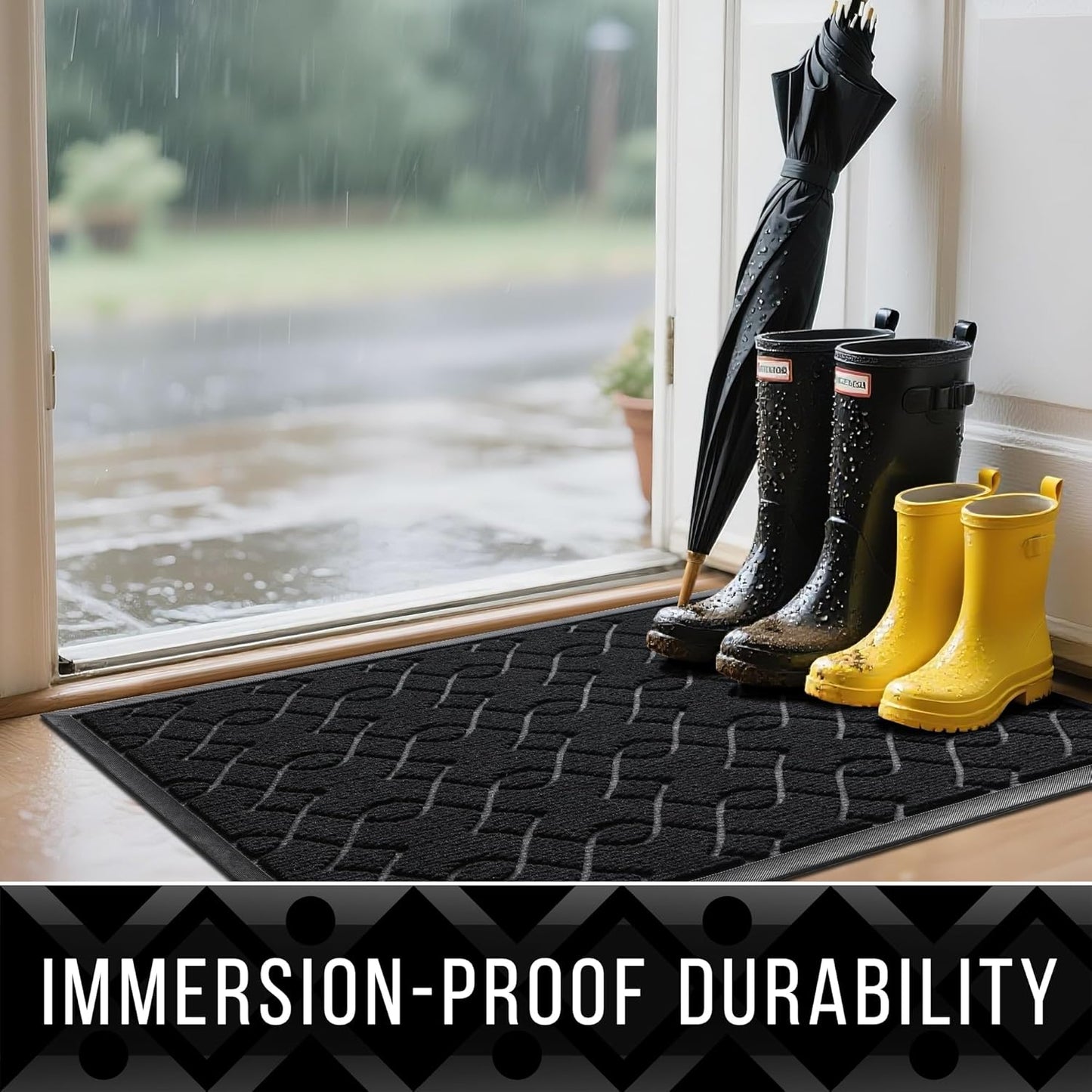 Yimobra Front Door Mat Outdoor Indoor 47x24, All-Season, All-Weather, Heavy Duty Welcome Door Mats Outside Entrance, Non Slip Porch Patio Entrance Mat, Black