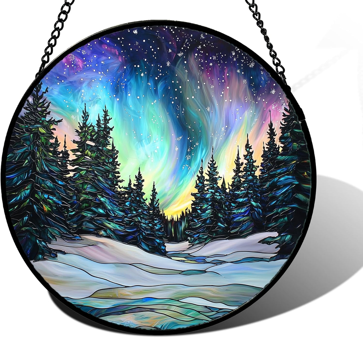 Stained Glass Window Hanging, Aurora Landscape Sun Catchers Glass Panel Green Trees Suncatcher Decor for Birthday for Women, Men, Wife, Aunt, and Mom 9.8 in