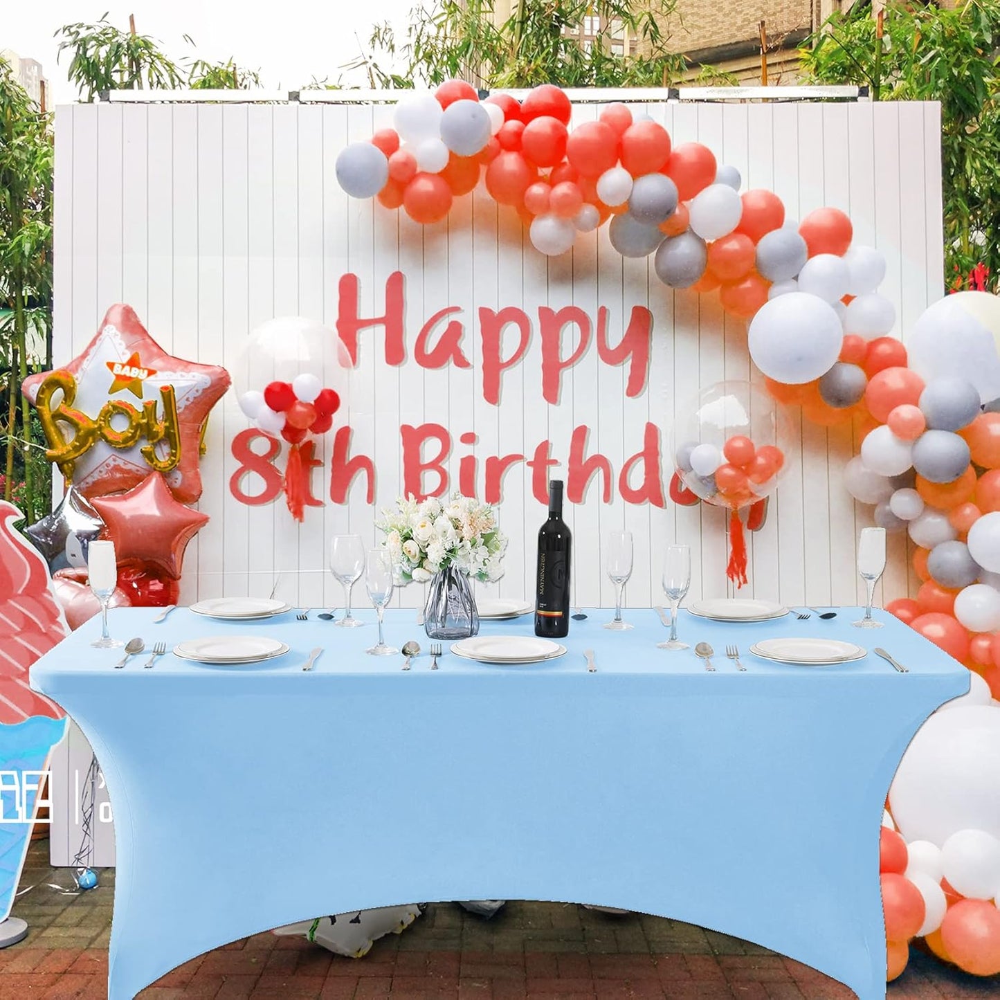 SuperO Waterproof Spandex Table Cover for 8FT Table Universal Fitted Stretch Tablecloth for Party, Banquet, Wedding and Events-Blue Mist